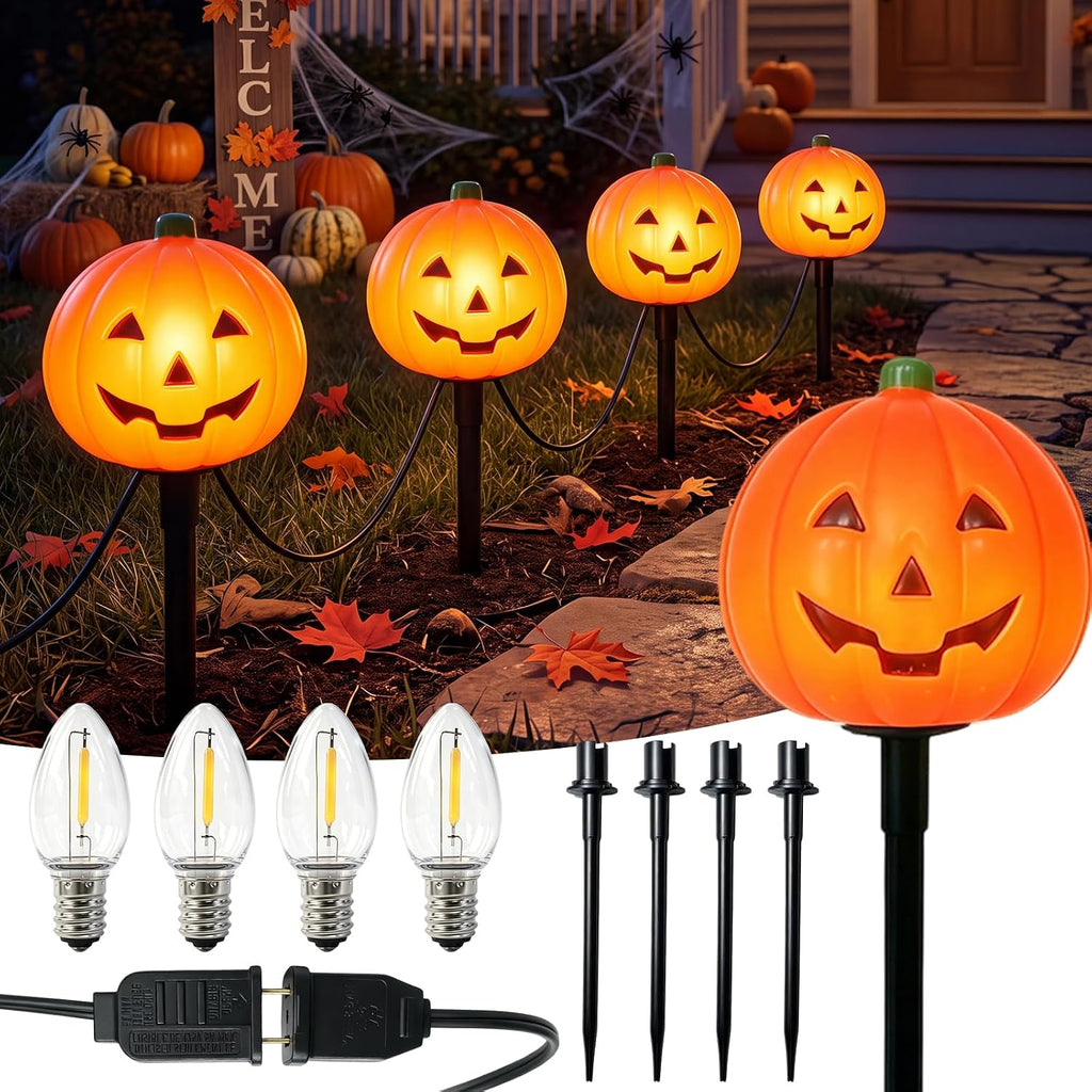 4 Pumpkin Pathway Marker Lights Outdoor, 7Ft Halloween Decoration Stake