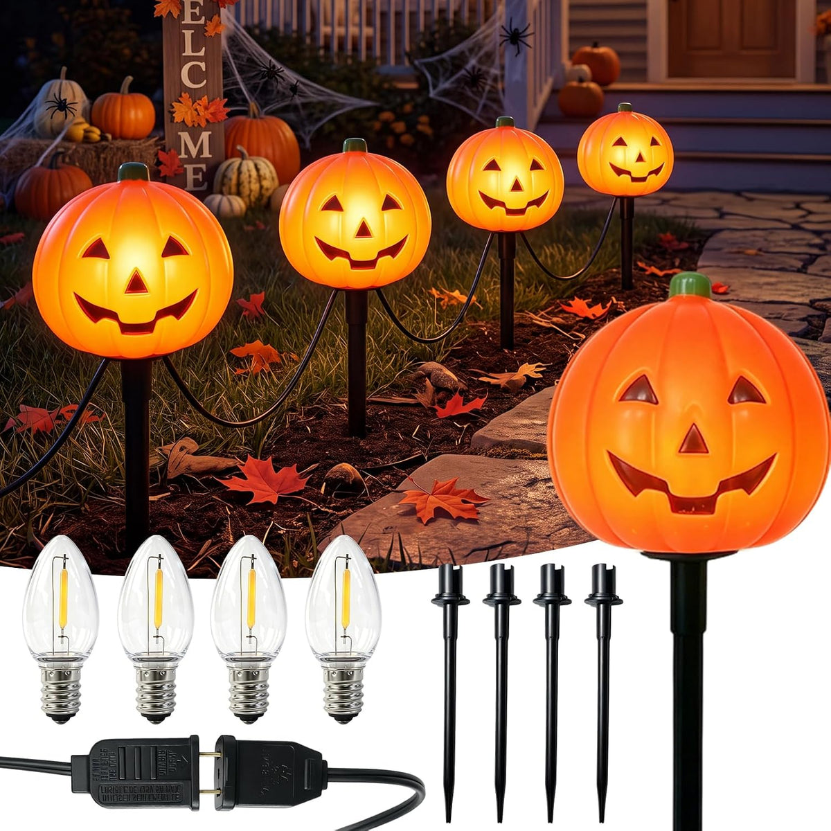 4 Pumpkin Pathway Marker Lights Outdoor, 7Ft Halloween Decoration Stake