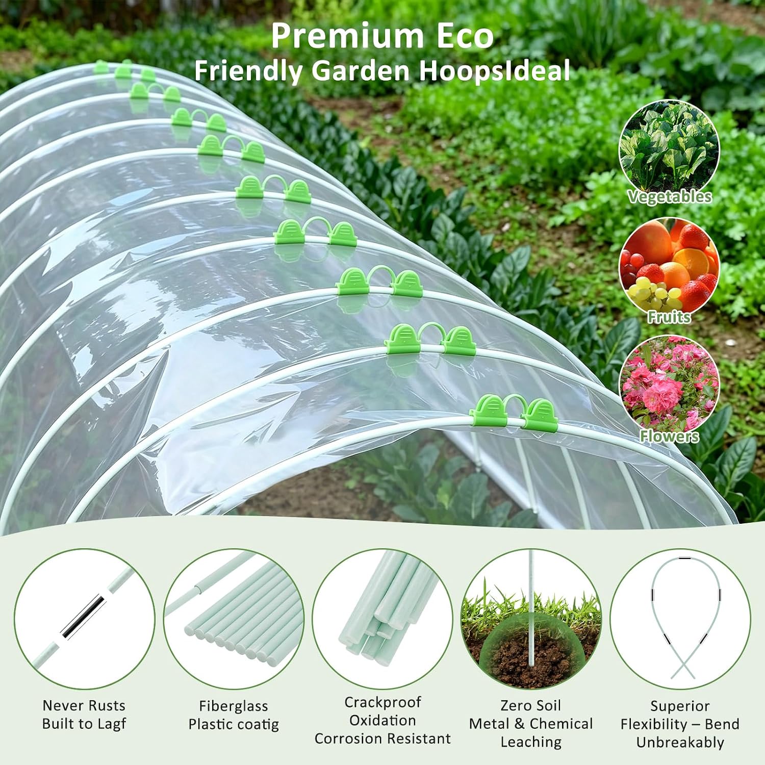60Pcs Greenhouse Hoops for Raised Beds, Rust-Free Fiberglass | Garden Hoops Grow Tunnel Wide, 8FT Heavy Duty Plant