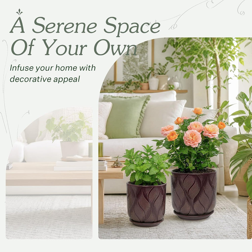 Ceramic Glaze Plant Pot Set 7.2+5.8 Inch Planter with Drainage Hole,Mesh Net,Saucer,for Indoor Outdoor (Leaf-Dark
