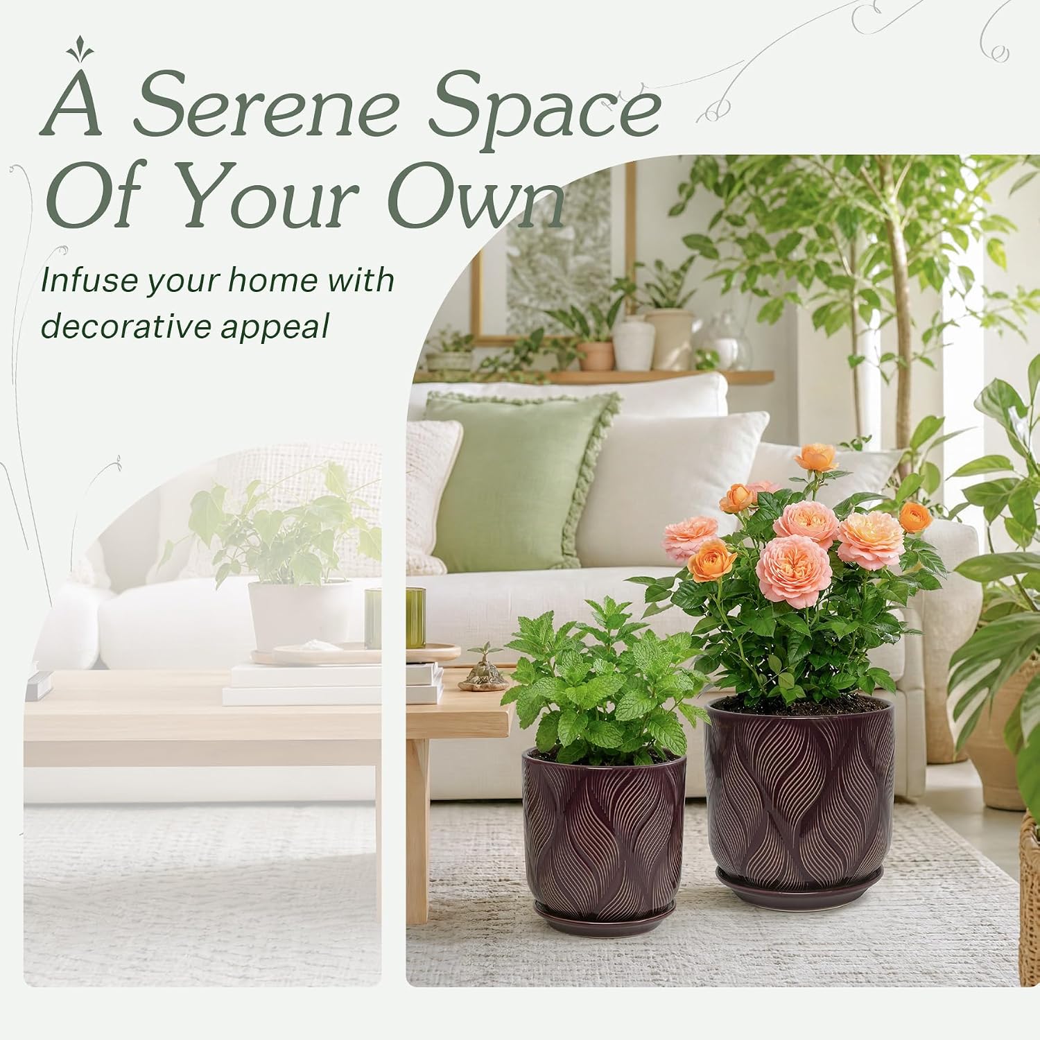 Ceramic Glaze Plant Pot Set 7.2+5.8 Inch Planter with Drainage Hole,Mesh Net,Saucer,for Indoor Outdoor (Leaf-Dark