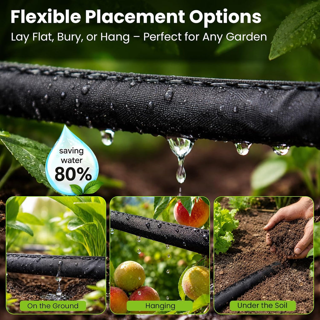Bluepro Flat Soaker Hose, 100 ft Drip Irrigation Hose with Brass Splitter | 10 Metal Stakes, Save 80% Water, 1 mm