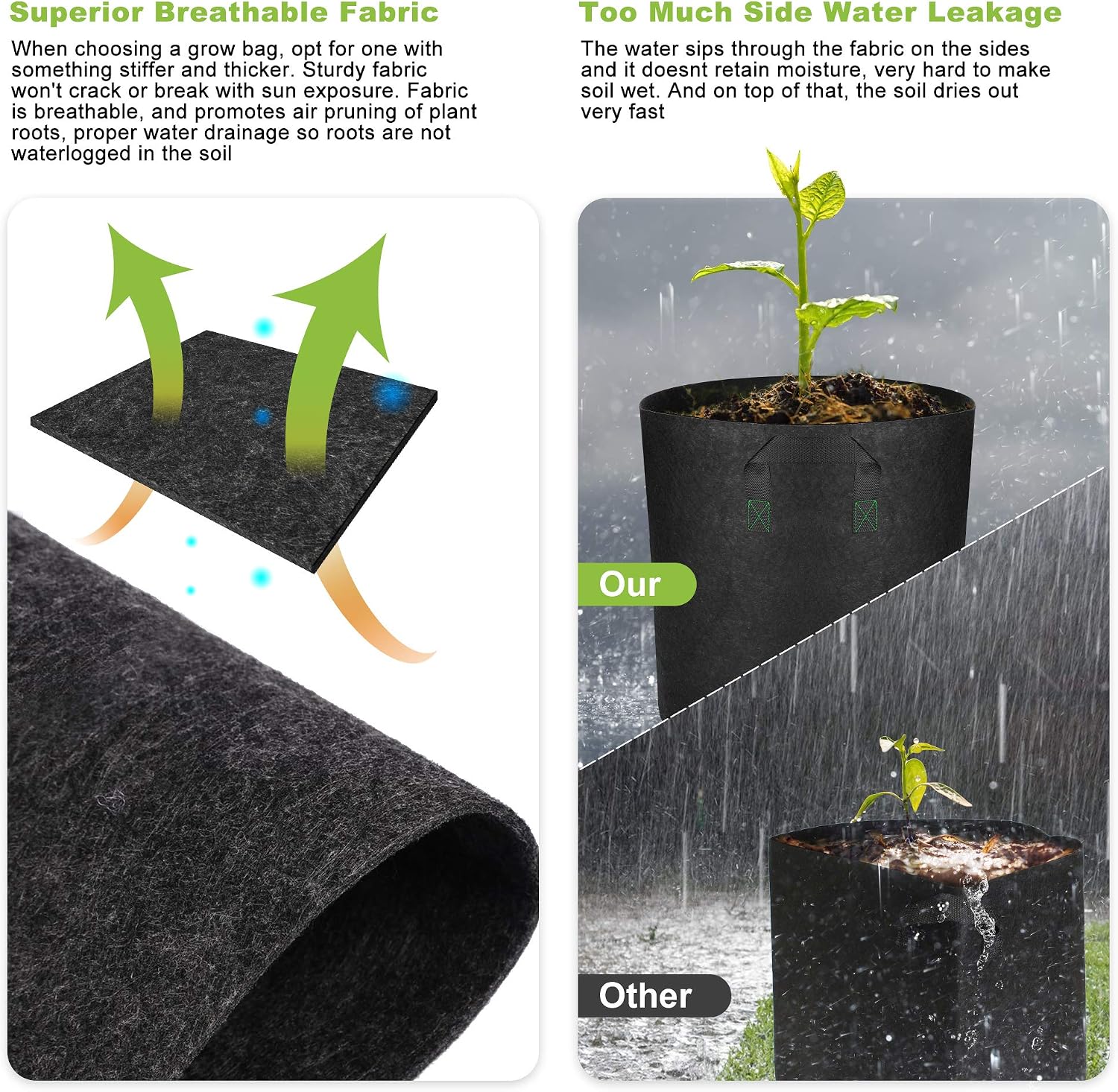 GreenTiger Tall Grow Bags, 8-Pack 7 Gallon Grow Pots with Handles, Improved 300G Thickened Aeration Fabric Deep Plant