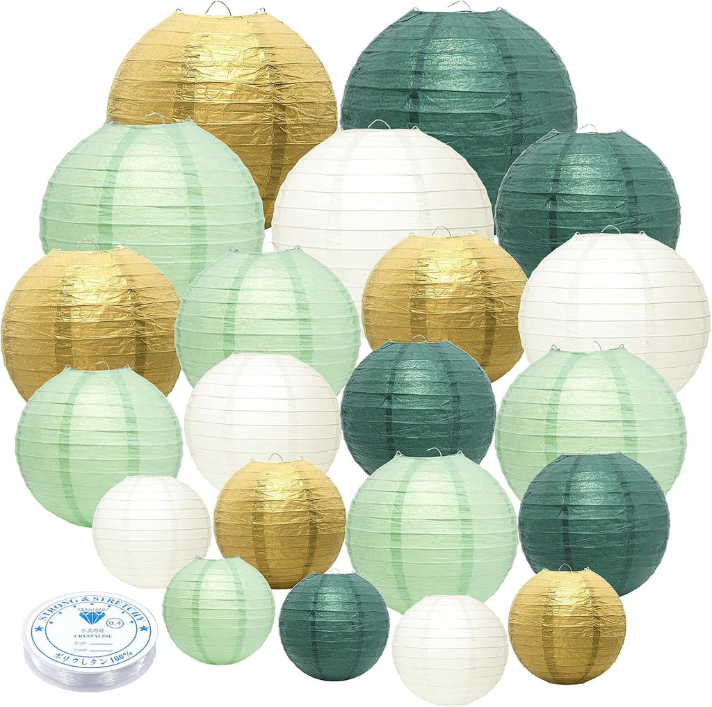 21Pcs Sage Green Gold Lanterns, 4-10in Hanging Decor, Wedding Baby Shower