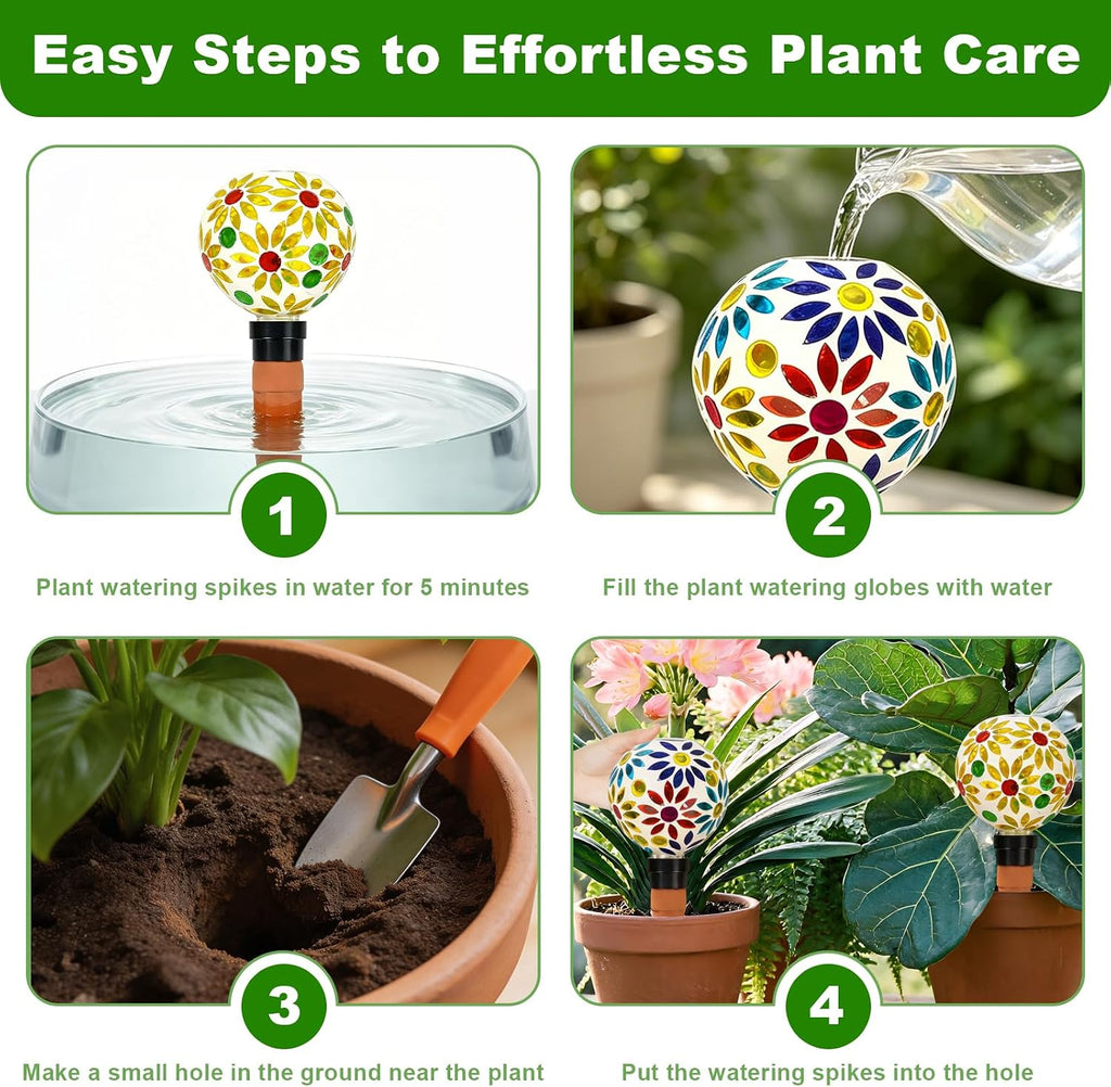 2 PCS Mosaic Plant Watering Globes with Terracotta Watering Spikes, 17oz Glass Self Watering Globes for Indoor &