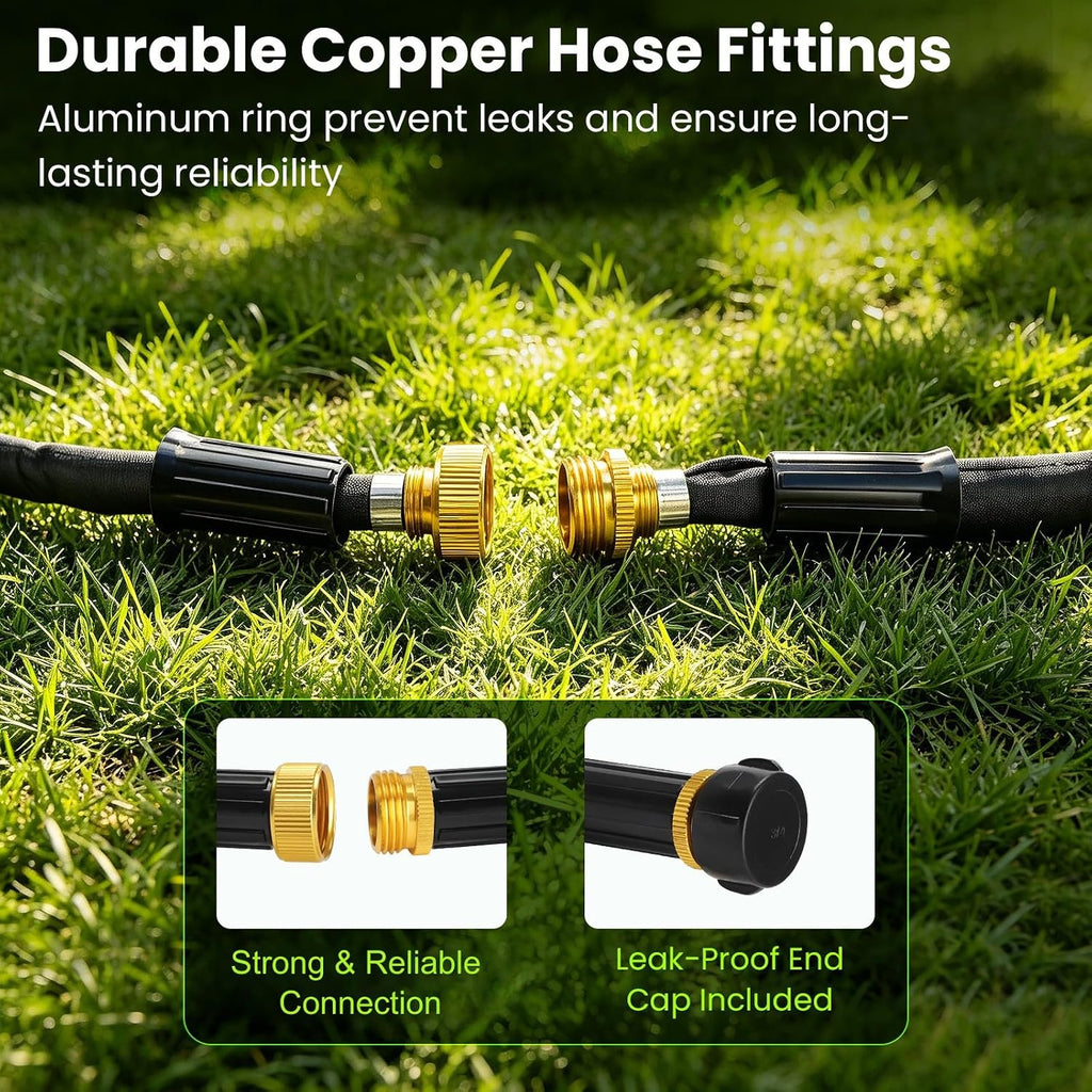 Bluepro Flat Soaker Hose, 100 ft Drip Irrigation Hose with Brass Splitter | 10 Metal Stakes, Save 80% Water, 1 mm