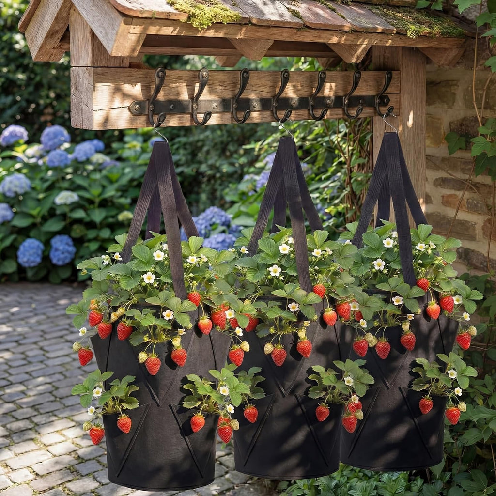 SATINIOR 10 Pack Upside Down Strawberry Planter Set Hanging Vegetables Grow Bags with 10 S Hooks, 3 Gallon Fabric
