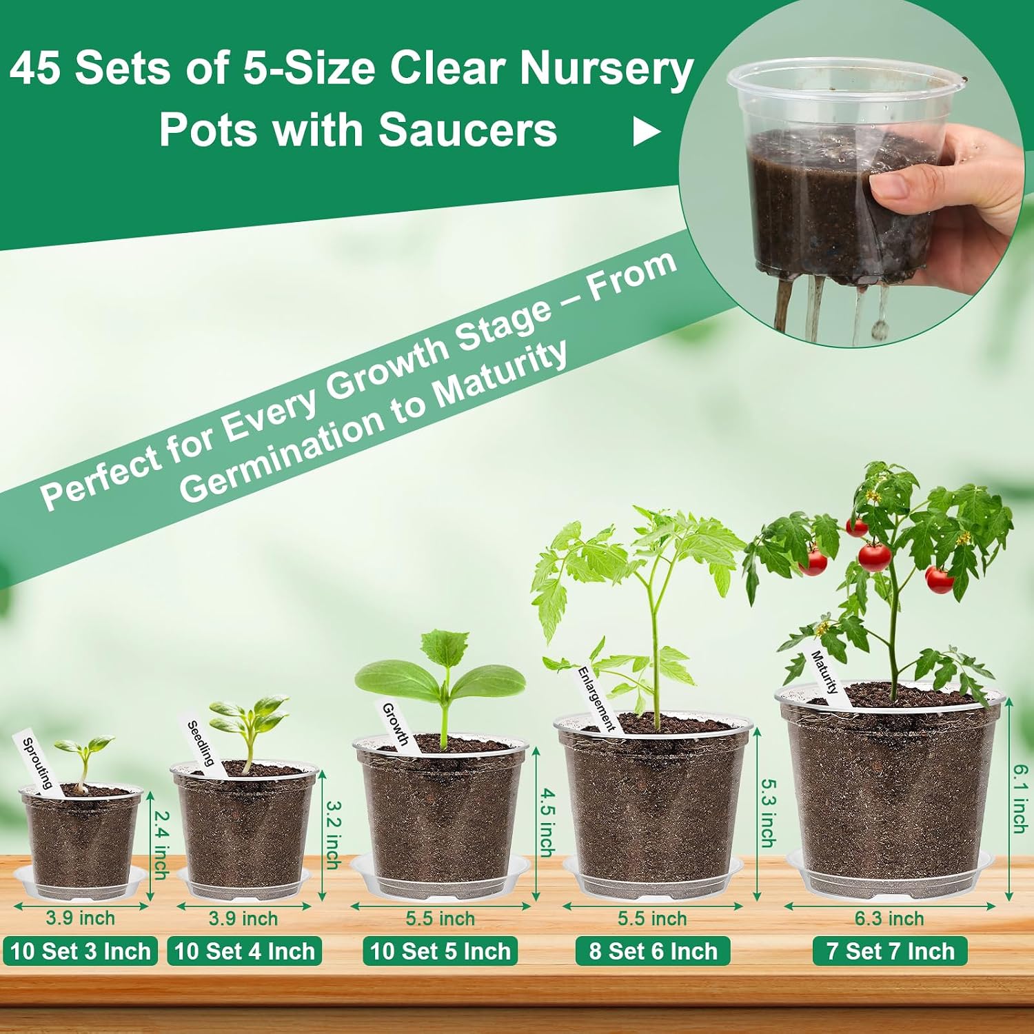 142Pcs Clear Plastic Nursery Pots with Drainage Holes and Saucers, 45Packs 3/4/5/6/7Inch Seedling Starter Flower Pots