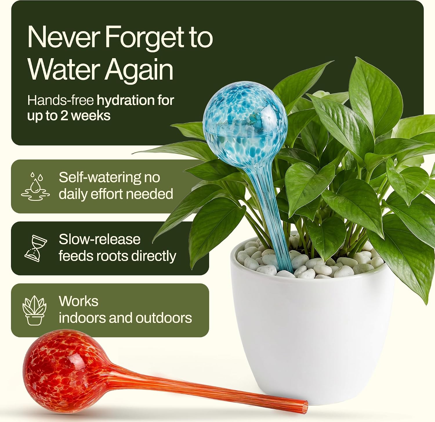 Besti Large Self Watering Globes for Plants Hands Free | Durable, Multicolored Glass Craftsmanship | Holds 380-400ml
