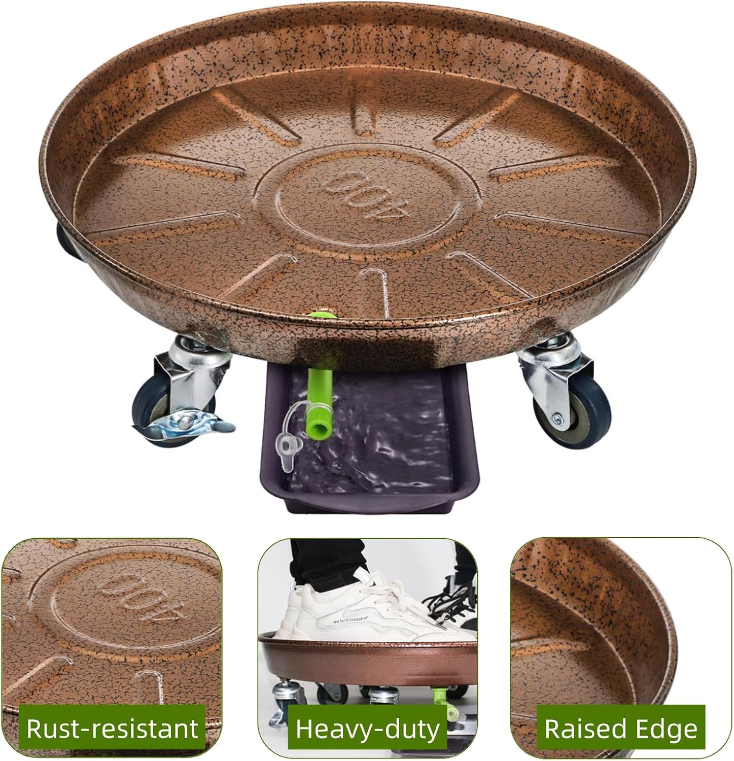 2 Pack Heavy Duty Plant Caddy, 16 Inch | Metal Rolling Plant Stand with Lockable Wheels, Drainage Tray, Round Pot