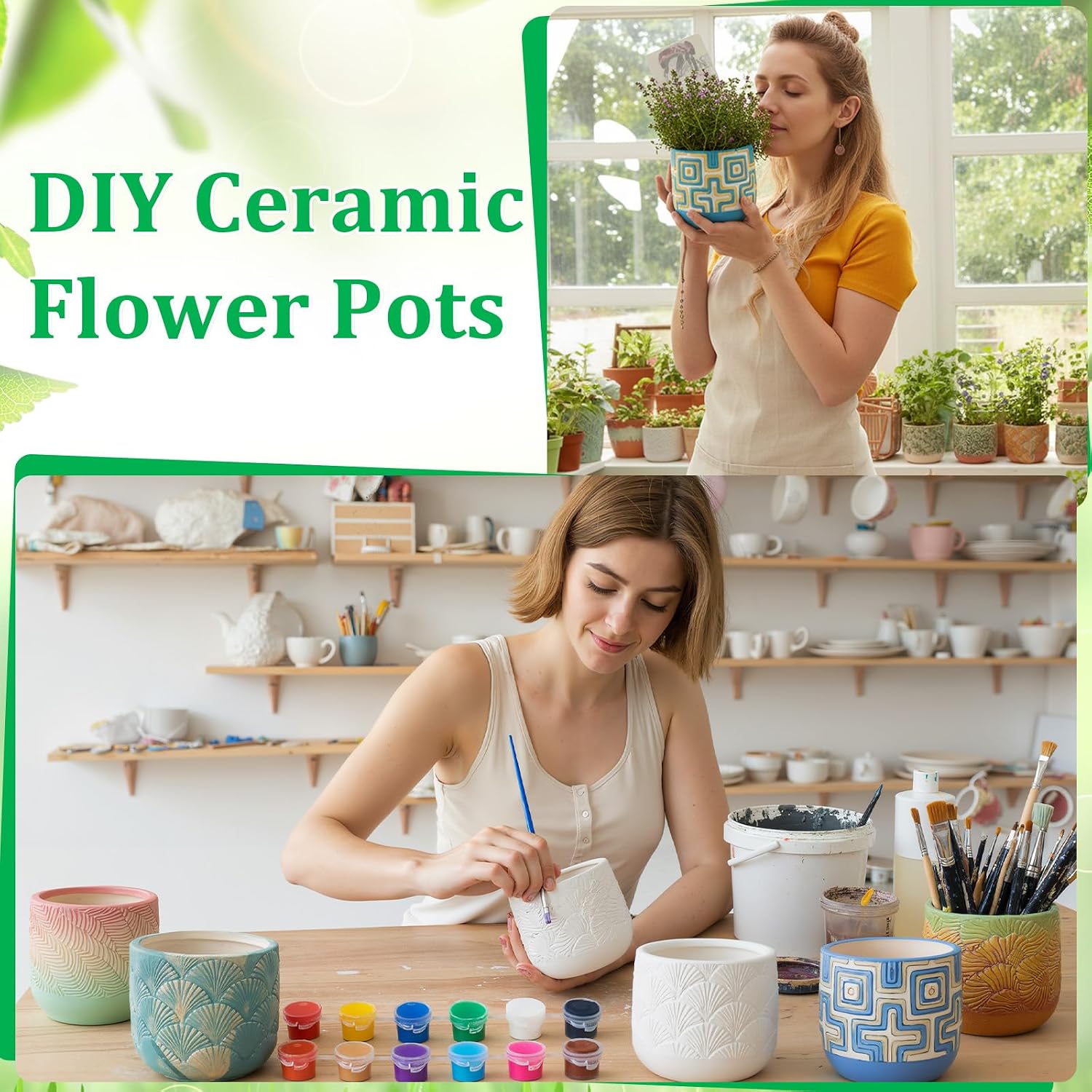 Zubebe 12 Pcs Paint Your Own Ceramic Pots Bulk Unfinished Succulent Pots Craft Kit with Drainage Hole Mini Paintable