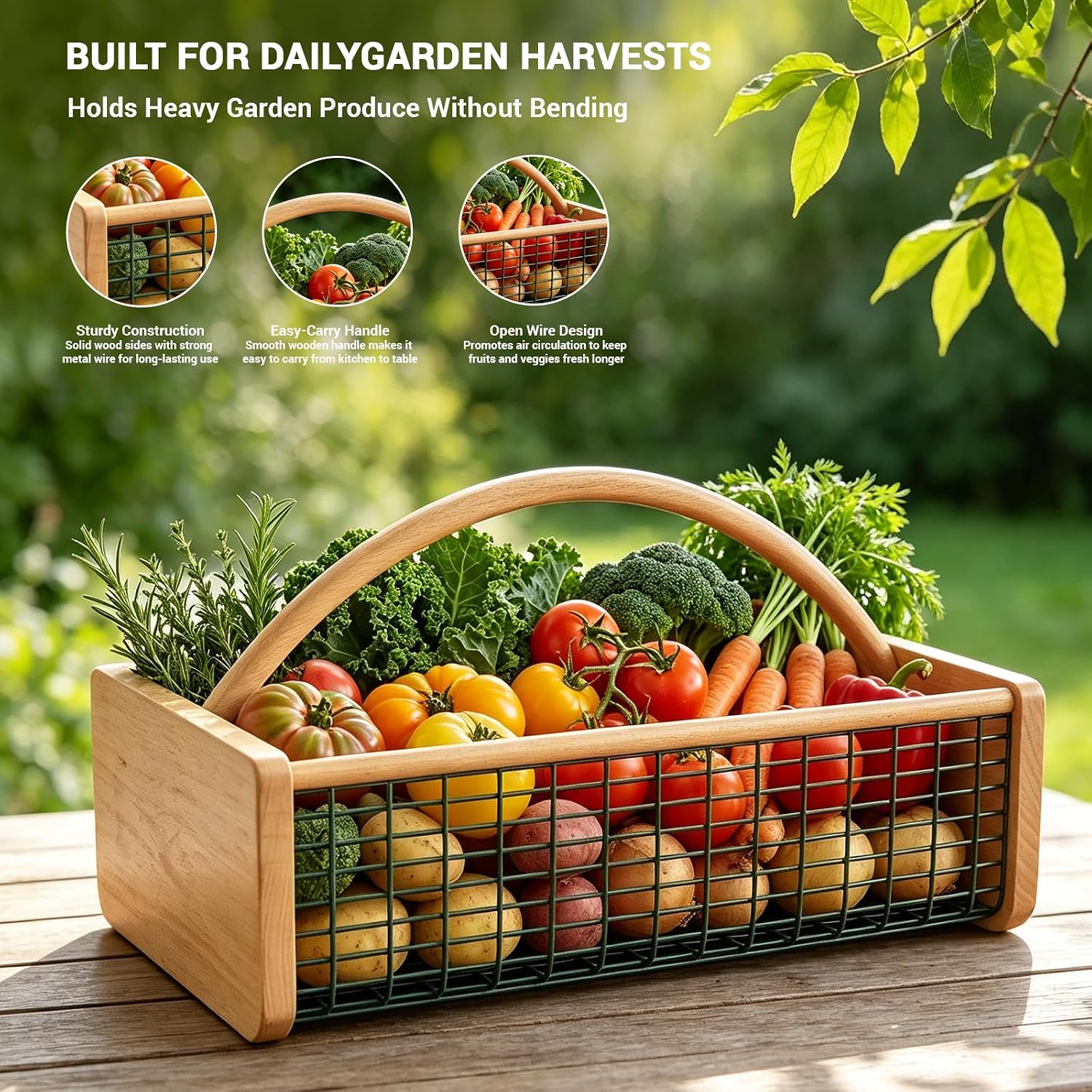 Garden Hod Harvest Basket, Wooden Garden Basket with Metal Mesh Handle | One Trip Harvest，Multipurpose Gardening Basket