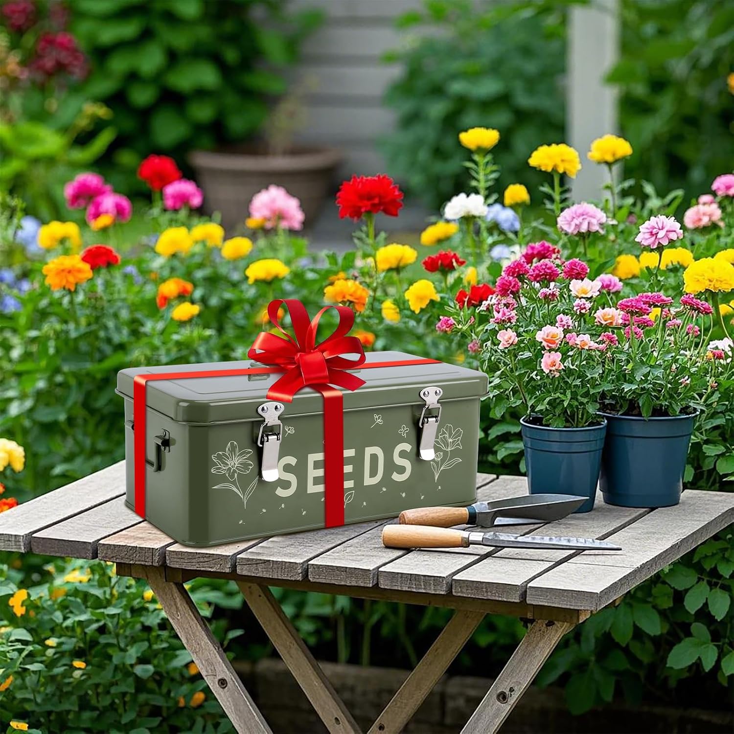 Seed Storage Organizer with Lid, Metal Seed Bin Seed Packet Container | 100 Plant Labels, 50 Seed Envelopes, 50 Plant
