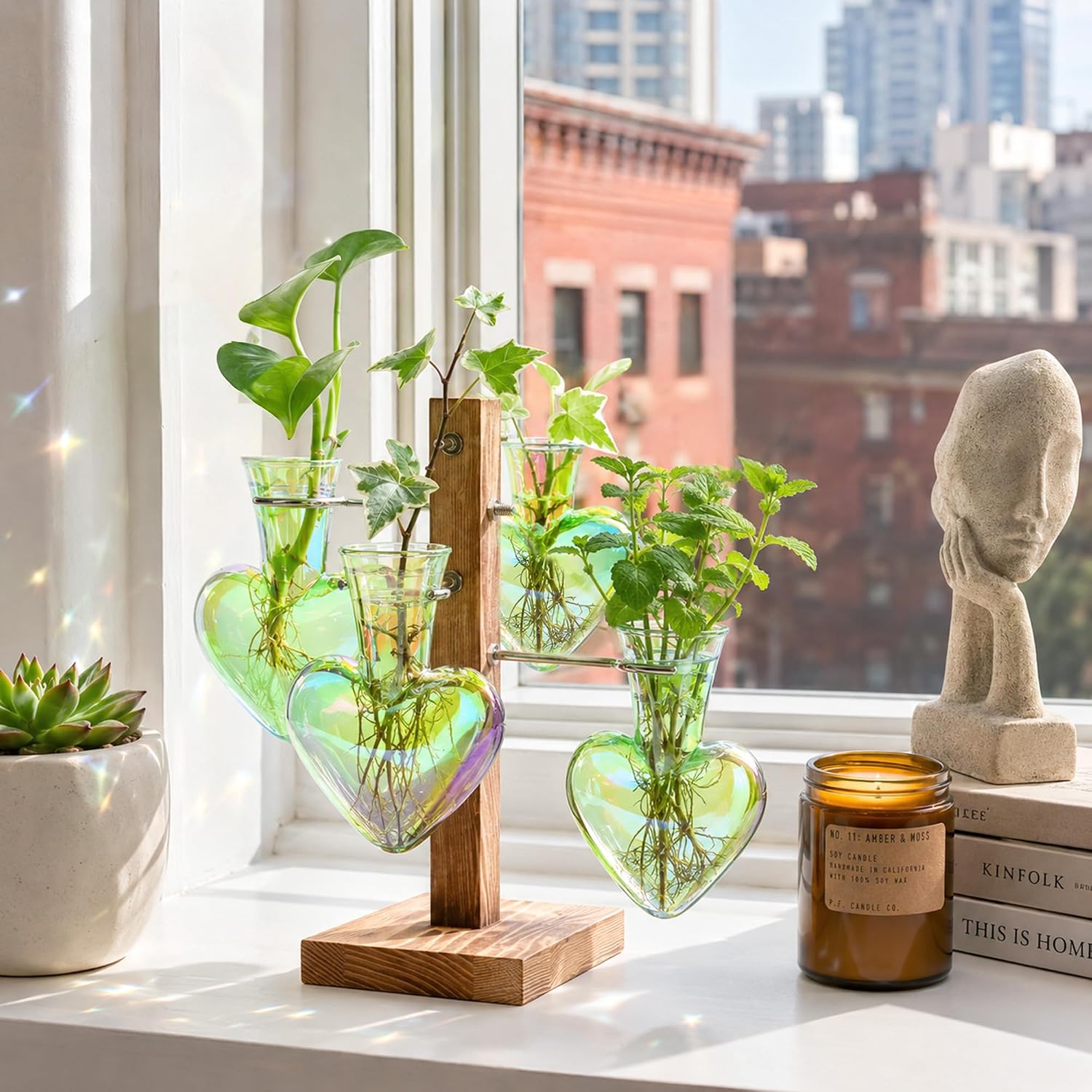 Plant Terrarium Propagation Stations: Green Vase with Wooden Stand | 4 Irised Crystal Glass, Heart Shaped, Home Table