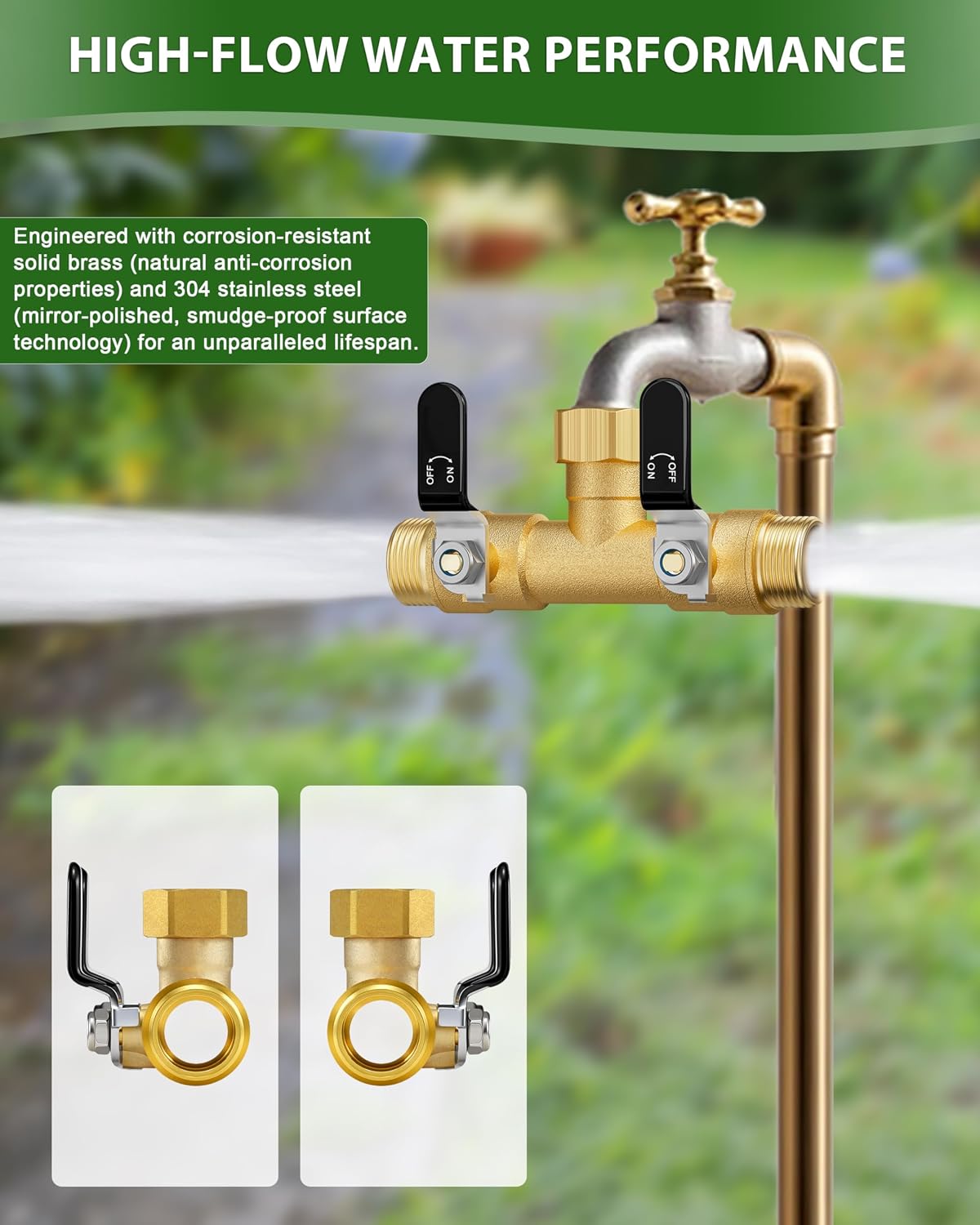 Hose Splitter 2 Way, Heavy Duty Brass Garden Hose Splitter, Water Hose Bib Spigot Splitter with 0.59" Full Flow Ball