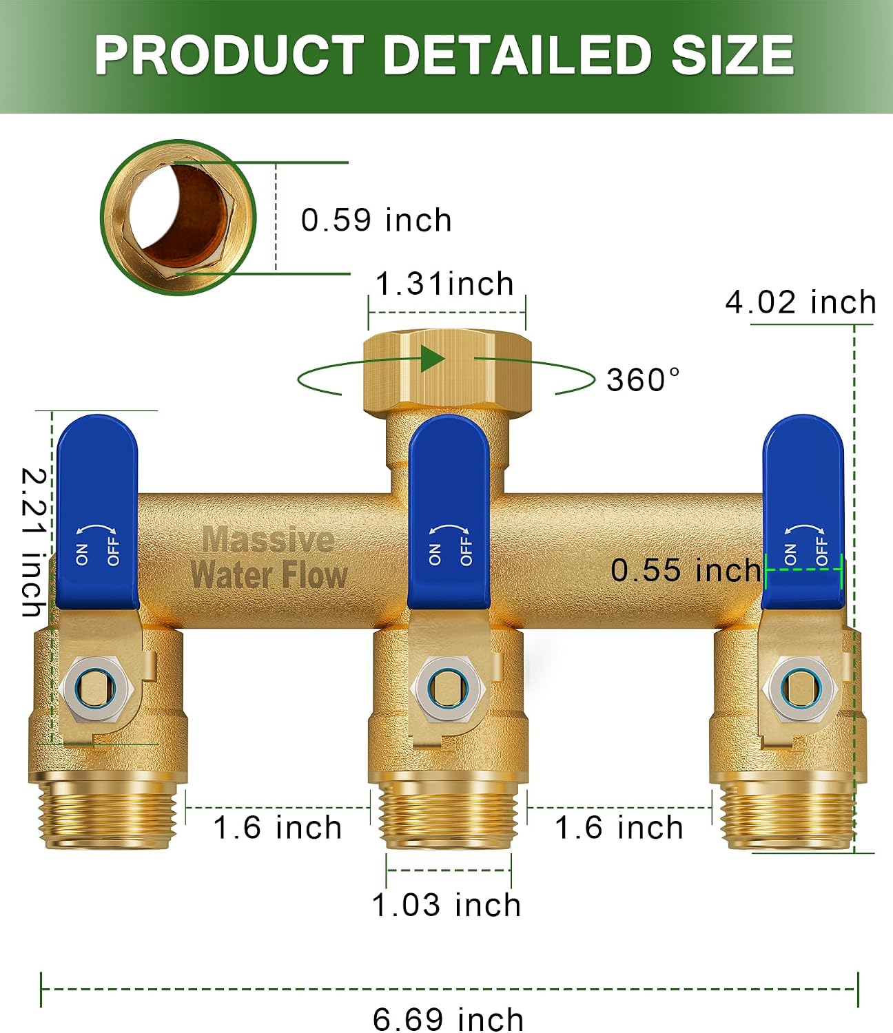 3 Way Hose Splitter, Heavy Duty Full Flow Garden Water Hose Bib Spigot Splitter, Brass Rust and Freeze Resistant