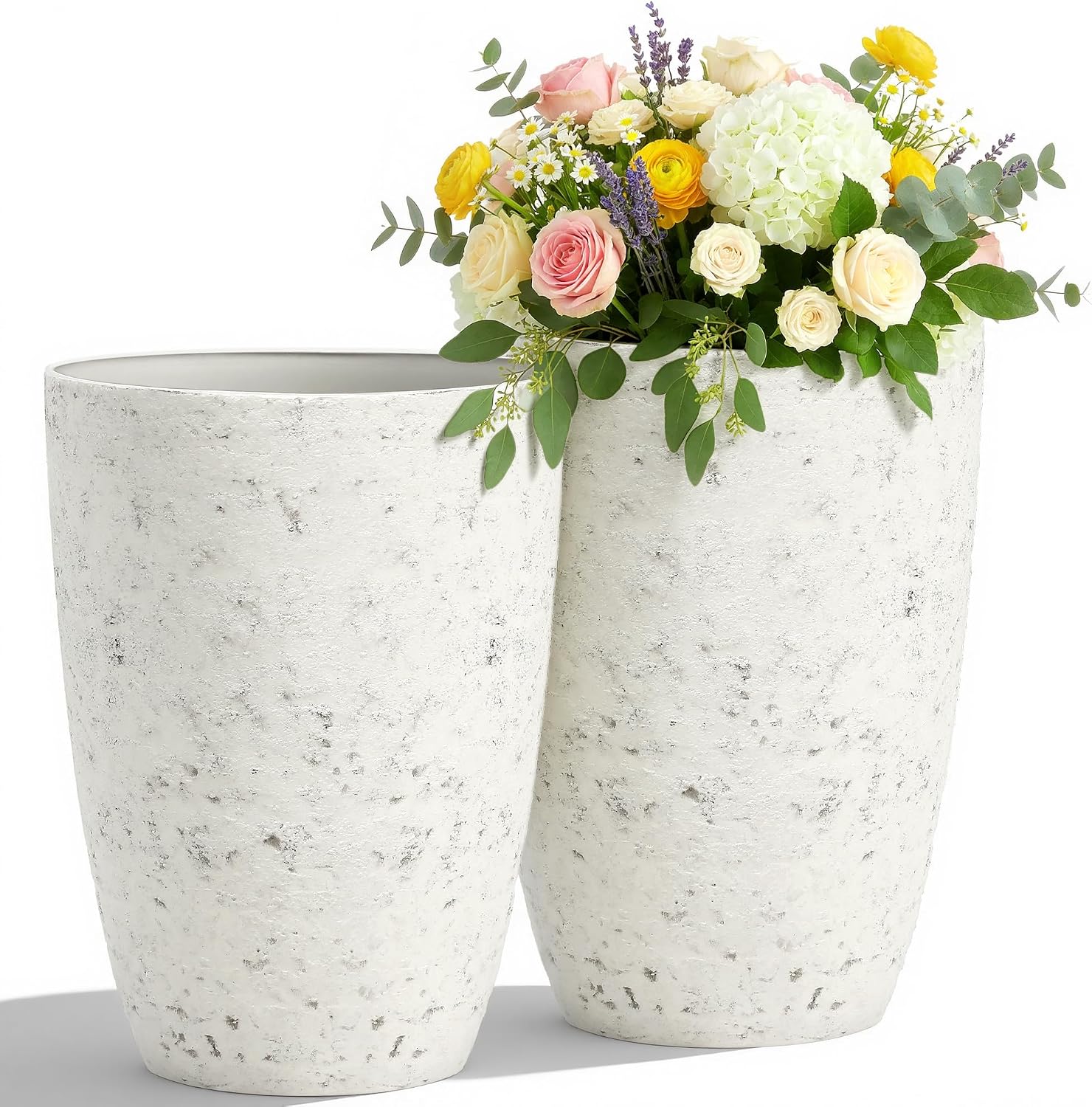 Autodaya 19.5" Resin Tall Planters for Outdoor Plants, Set of 2 Flower Pots | Country White Large Outdoor Planters With