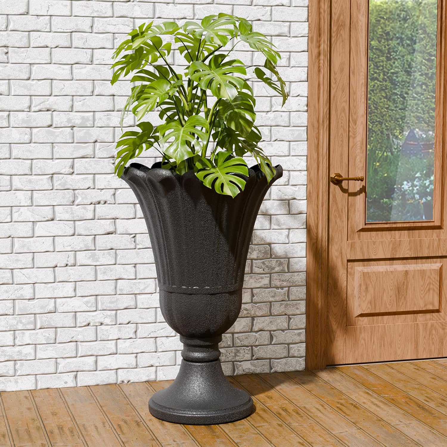 Tall Plastic Urn Planters and Pedestal - 24" Outdoor Planter Black | Weather-Resistant Plastics HDPE Material with
