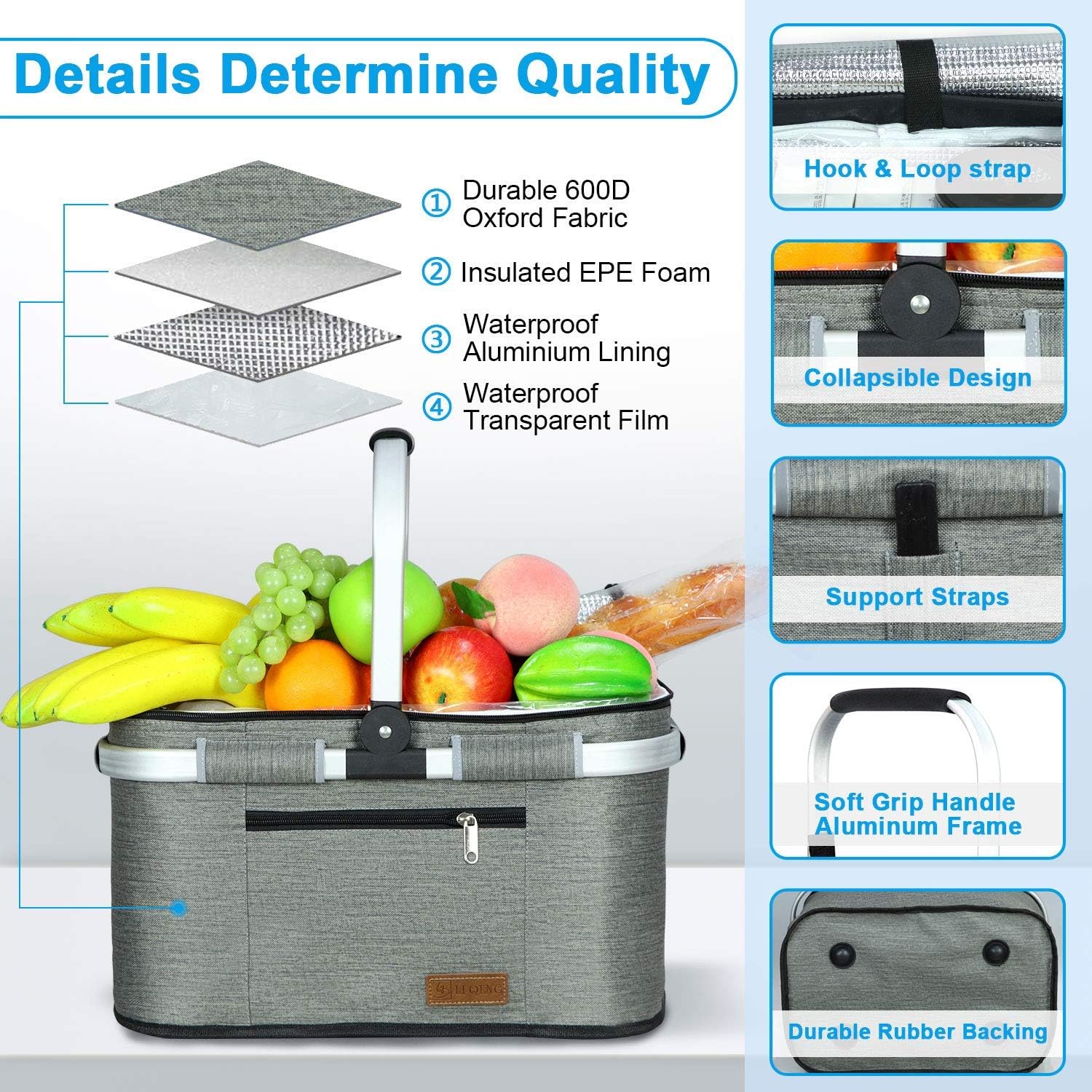 LIQING 35L Large Picnic Basket 2 Layers of Internal Pockets Leak-Proof and Insulated ，Folding with Internal Support for