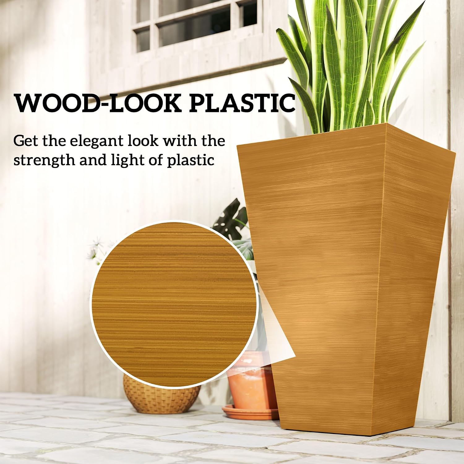 Outsunny 28 Inch Tall Planter for Outdoor Plants Set of 3, Light Brown | Taper Planter, Drainage Holes, Wood Grain