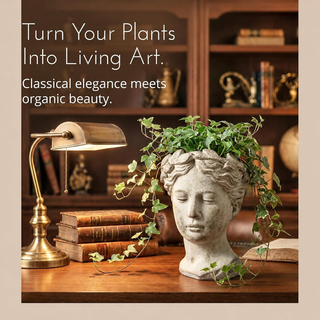 Greek/Roman Style Female Statue Head Cement Planter (Style 1) | Beautiful Woman's Head Pot for Indoor Home Decor or