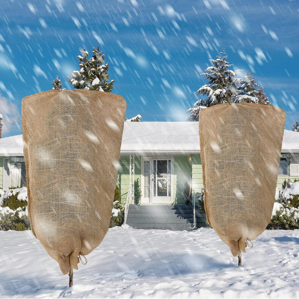 Woanger 6 Pcs 40" x 24" Reusable Winter Burlap Plant Covers Bags Warm with Drawstring Large Sack Plant Blanket Burlap