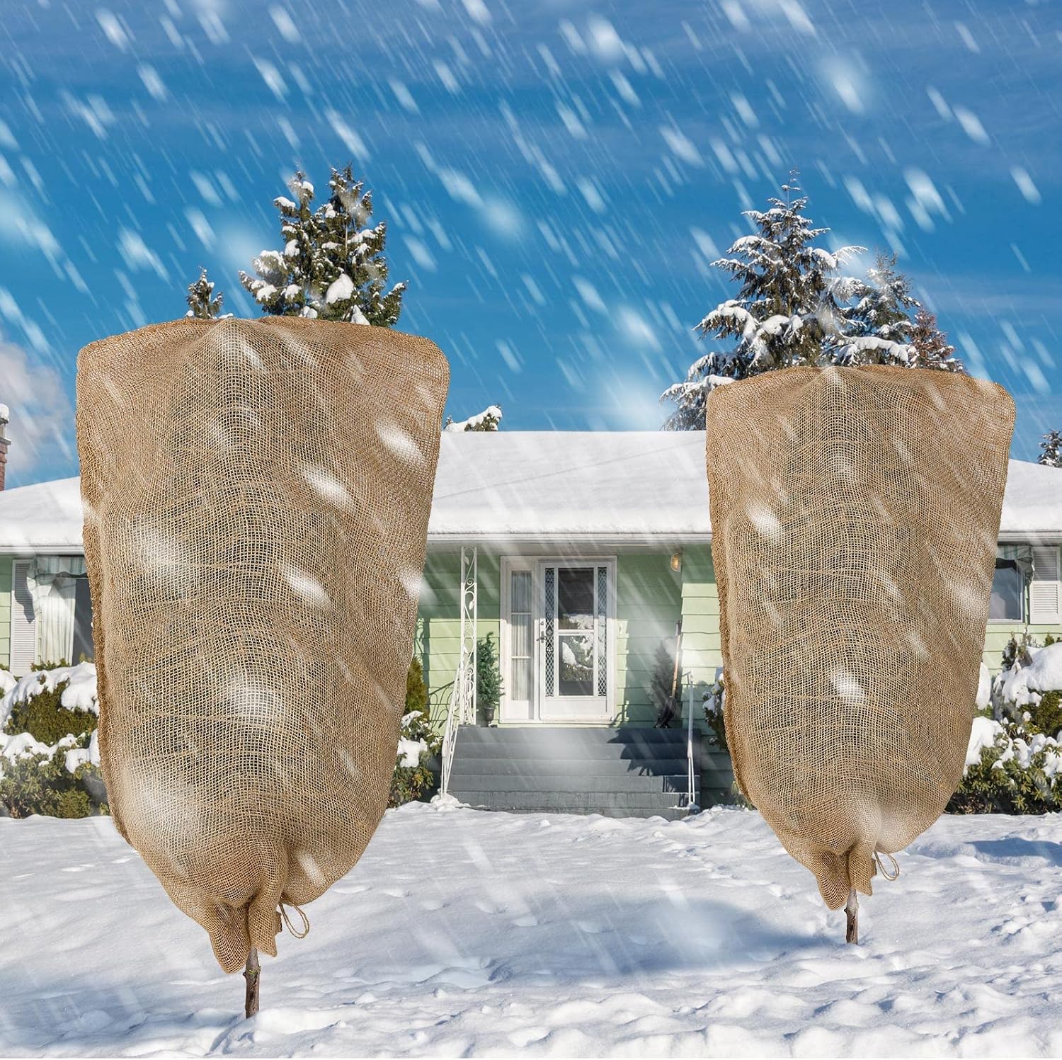 Woanger 6 Pcs 40" x 24" Reusable Winter Burlap Plant Covers Bags Warm with Drawstring Large Sack Plant Blanket Burlap