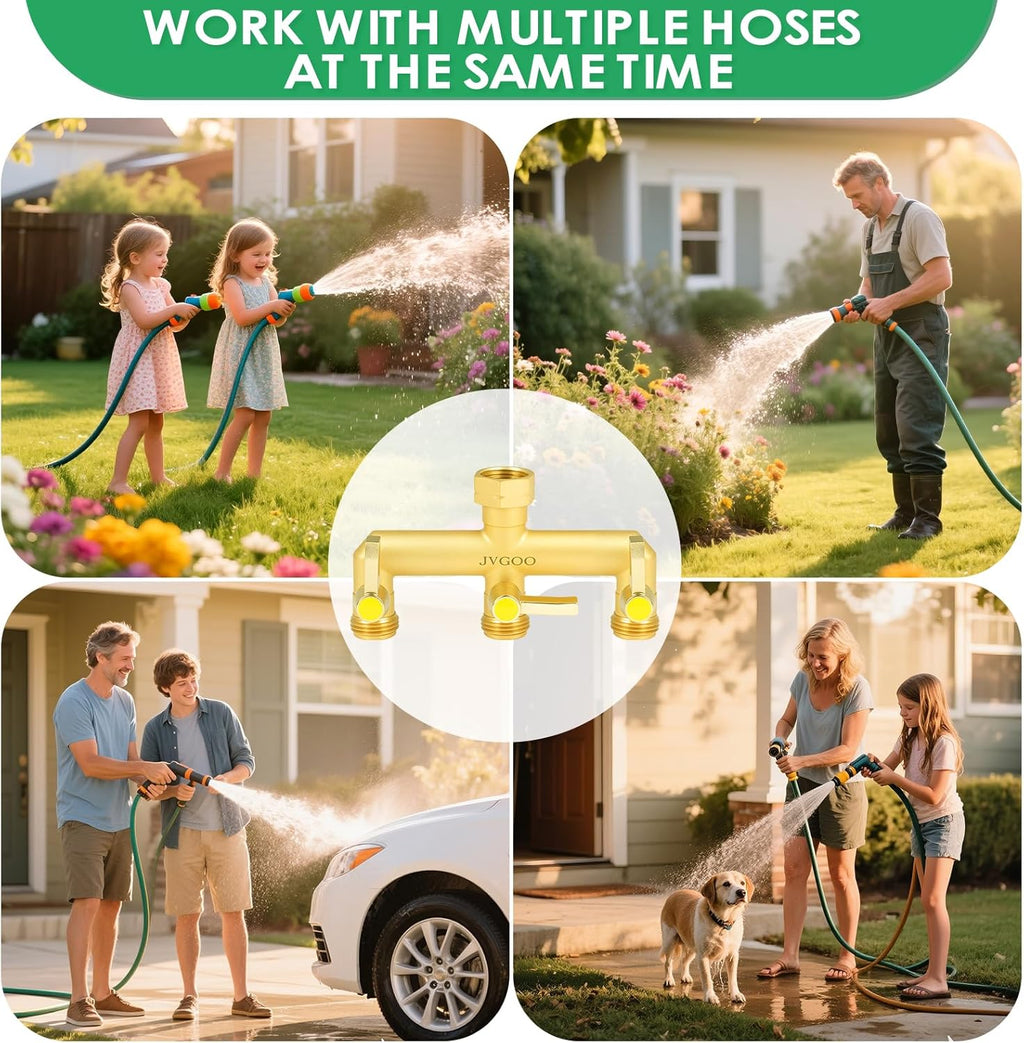 Garden Hose Splitter, Brass 3 Way Hose Splitter, 3/4" Water Hose Splitter 3 Way Heavy Duty with Metal Shutoff Valve and