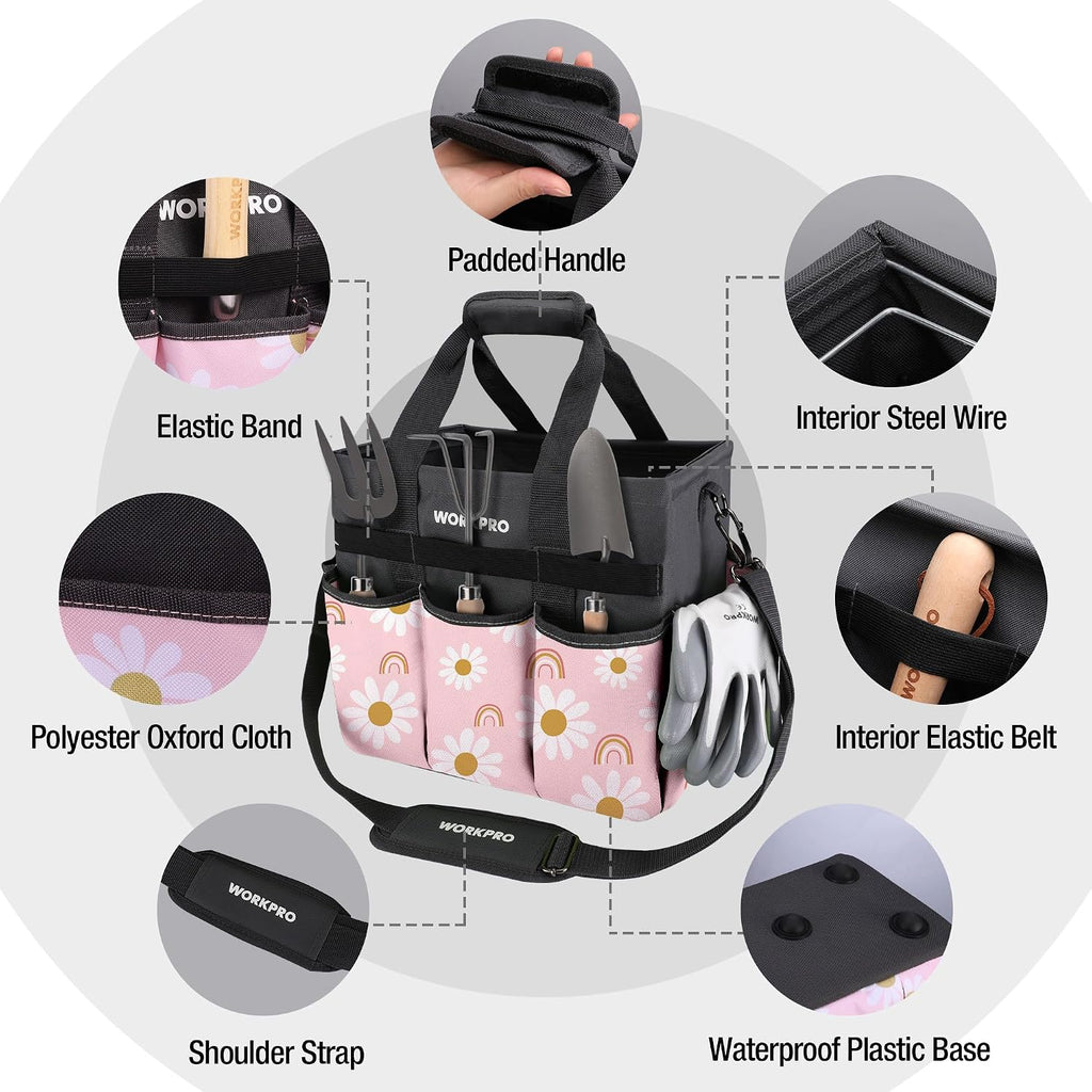 WORKPRO Garden Tool Bag, 10 Pockets and Shoulder Strap, Floral Pink | Heavy Duty Gardening Organizer Tote Bag Standable