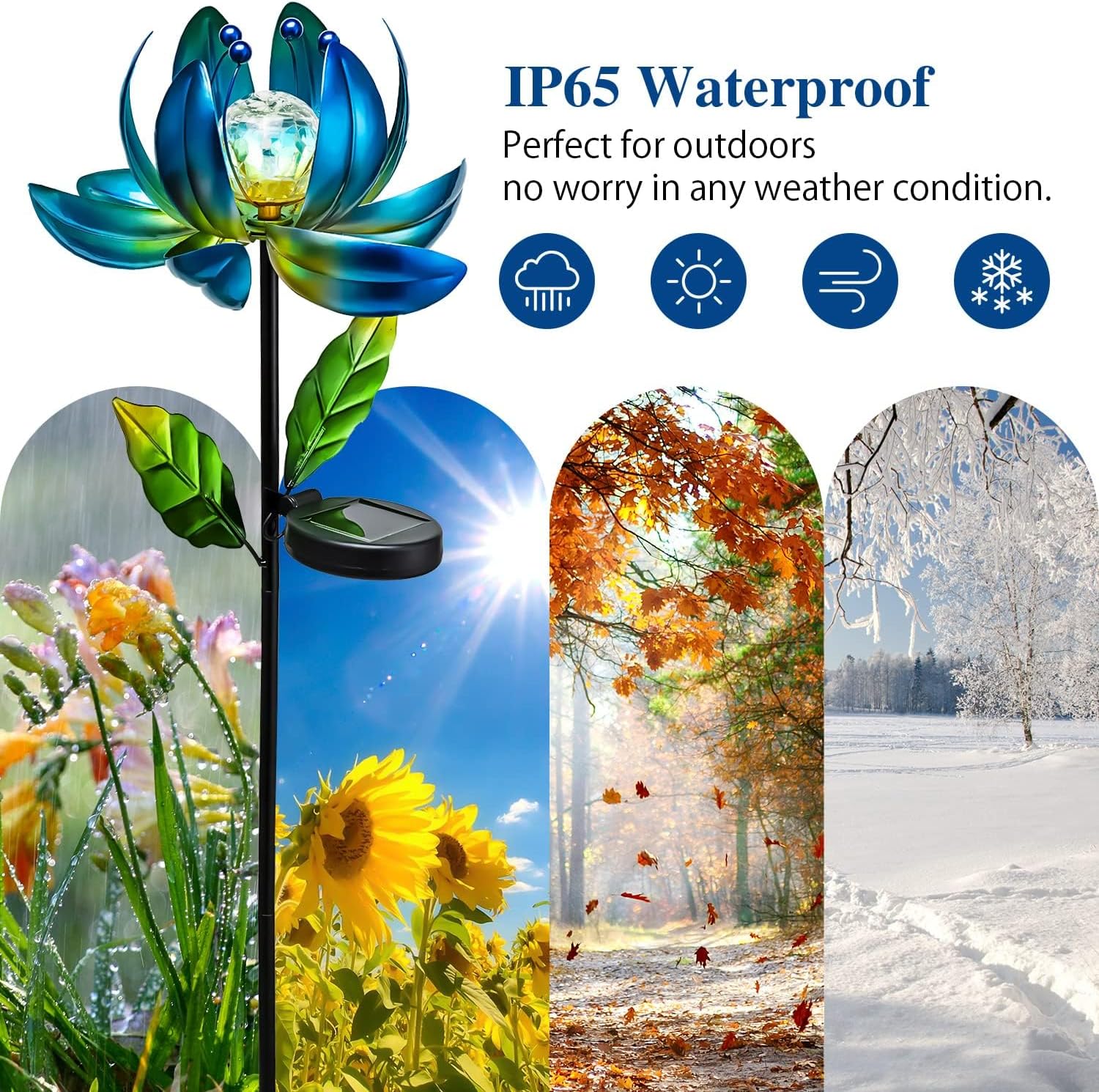 Solar Garden Lights Metal Flower Decor, Colorful Spinning Windmill Lotus Pathway Ligths with LED Cracked Crystal Ball