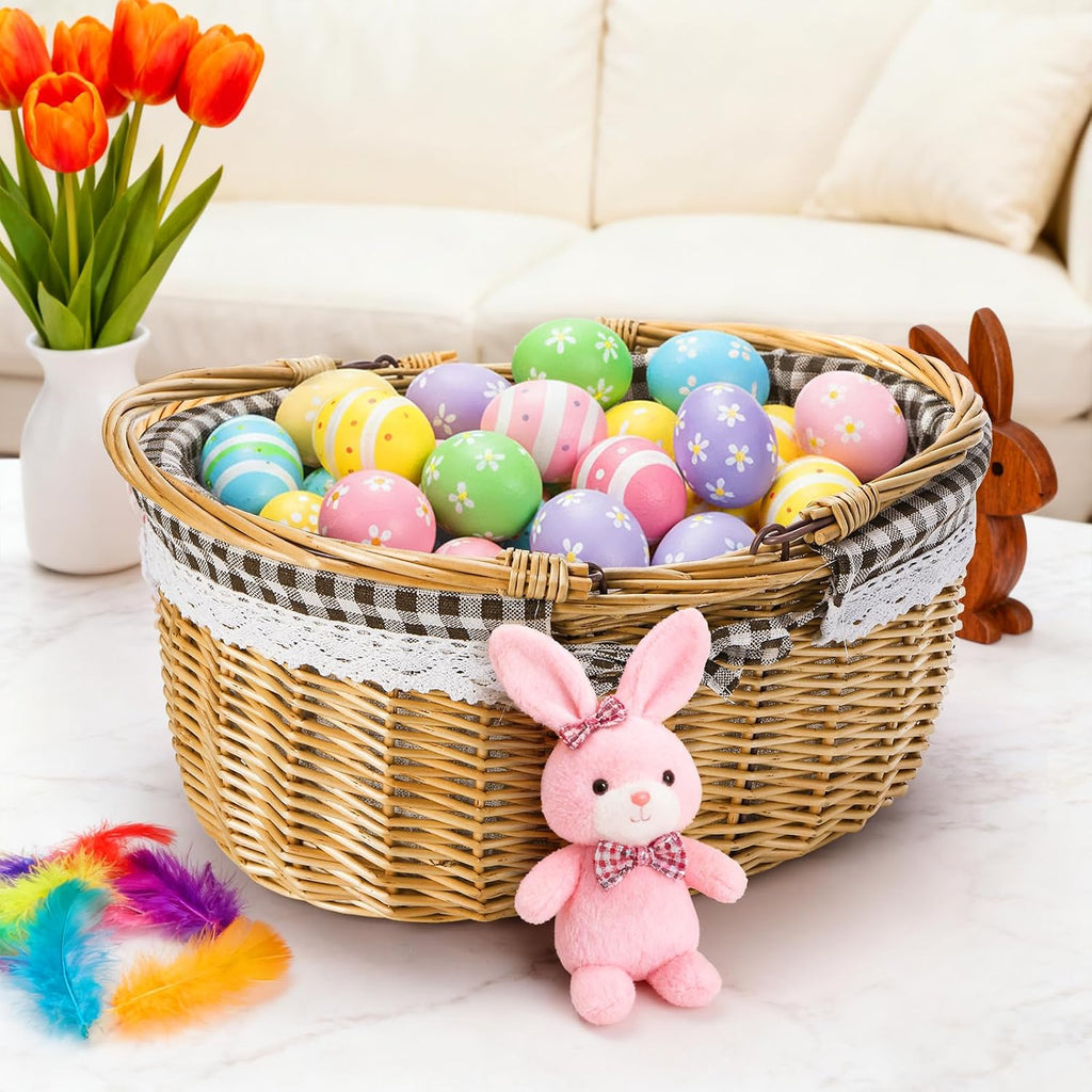Peohud Wicker Picnic Basket with Double Folding Handles, Empty Baskets for Gifts, Woven Easter Basket, Willow Picnic