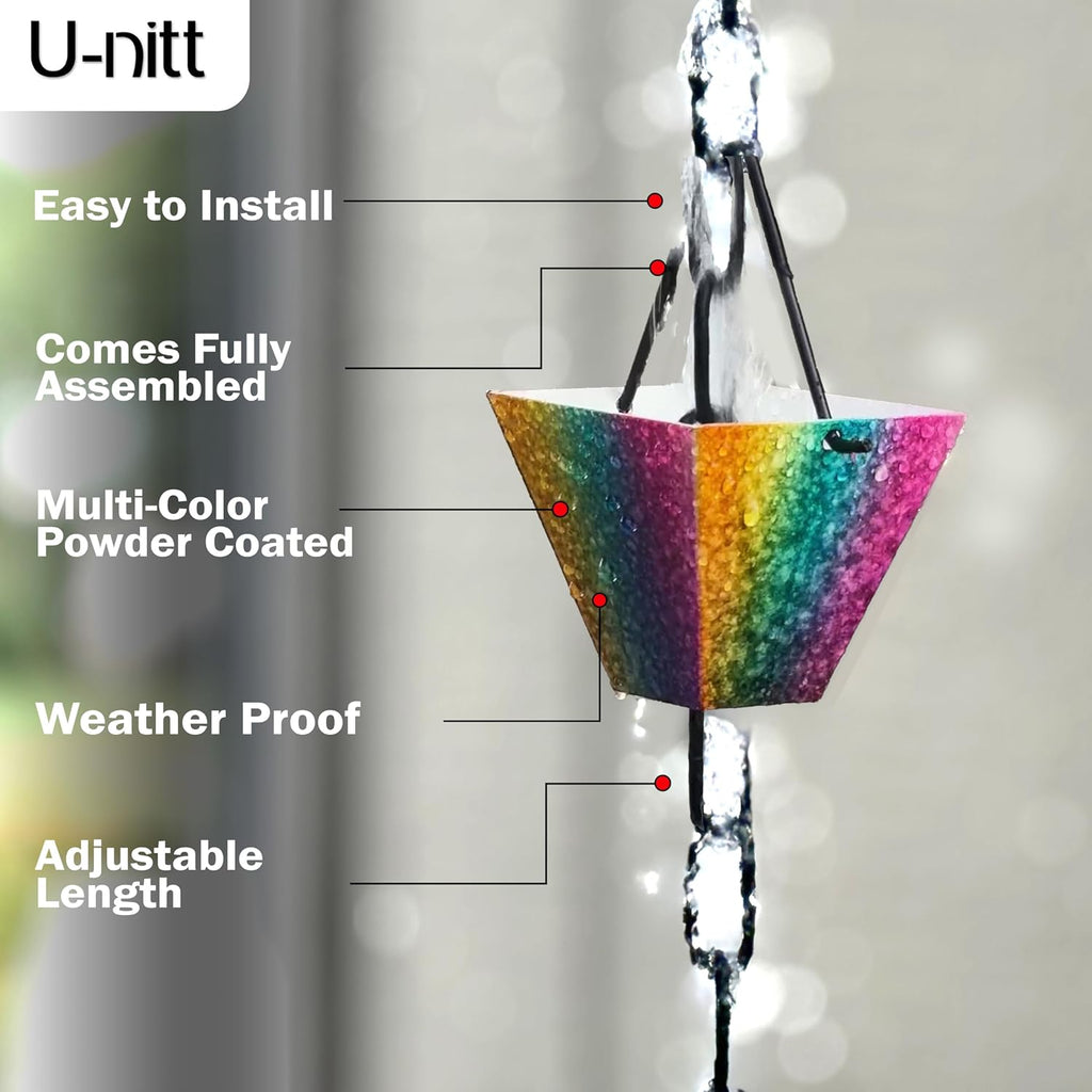 U-nitt Rain Chain Water Collection for Gutters Rainwater Catcher & Diverter, 8.5 FT Chains for Outside Garden, Rainbow