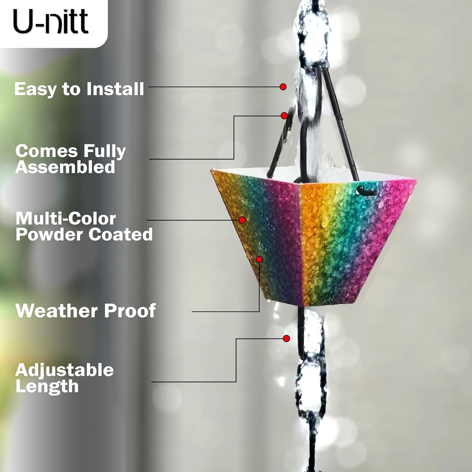 U-nitt Rain Chain Water Collection for Gutters Rainwater Catcher & Diverter, 8.5 FT Chains for Outside Garden, Rainbow
