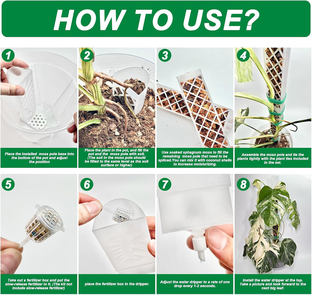 4 Psc 9 Inch D Shaped Moss Pole with Watering Dripper, Plastic Moss Poles for Climbing Plants, Sturdy Monstera Plant