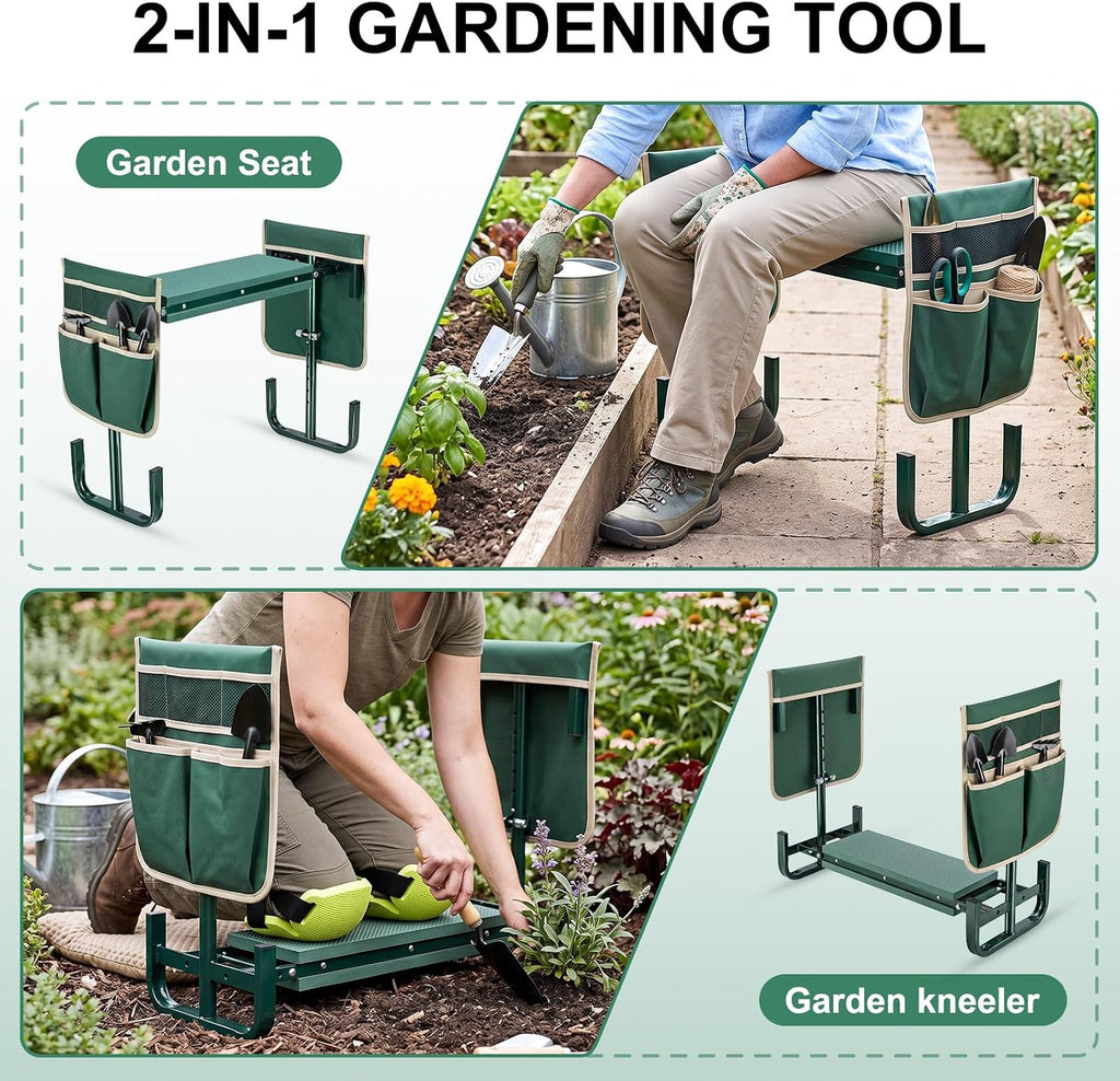 Garden Kneeler and Seat Soft Kneeling Pad Garden Bench Adjustable Height | 2 Practical Tool Pouches Foldable Gardening