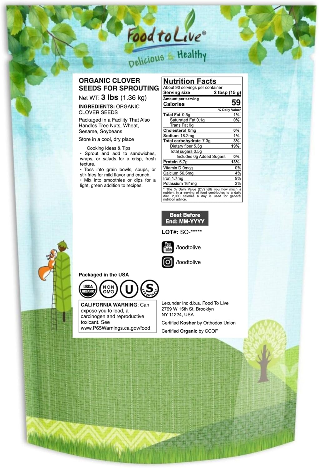 Food to Live Organic Clover Seeds for Sprouting, 3 Pounds Non-GMO, Pure, Vegan, Kosher, Bulk. Edible Seeds. Rich in