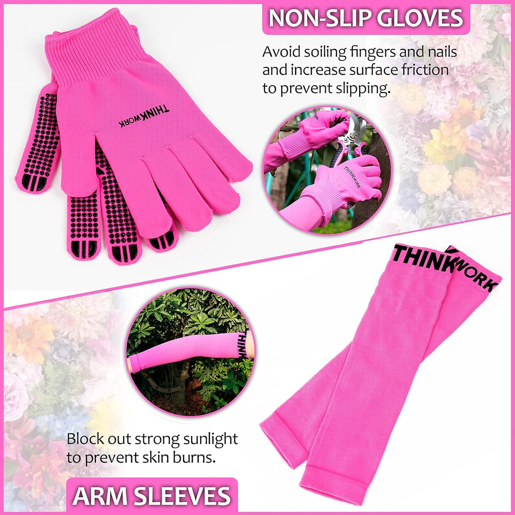 THINKWORK Pink Garden Tools, Gardening Gifts for Women, with 2 in 1 Detachable Storage Bag, Trowel, Transplanter, Rake