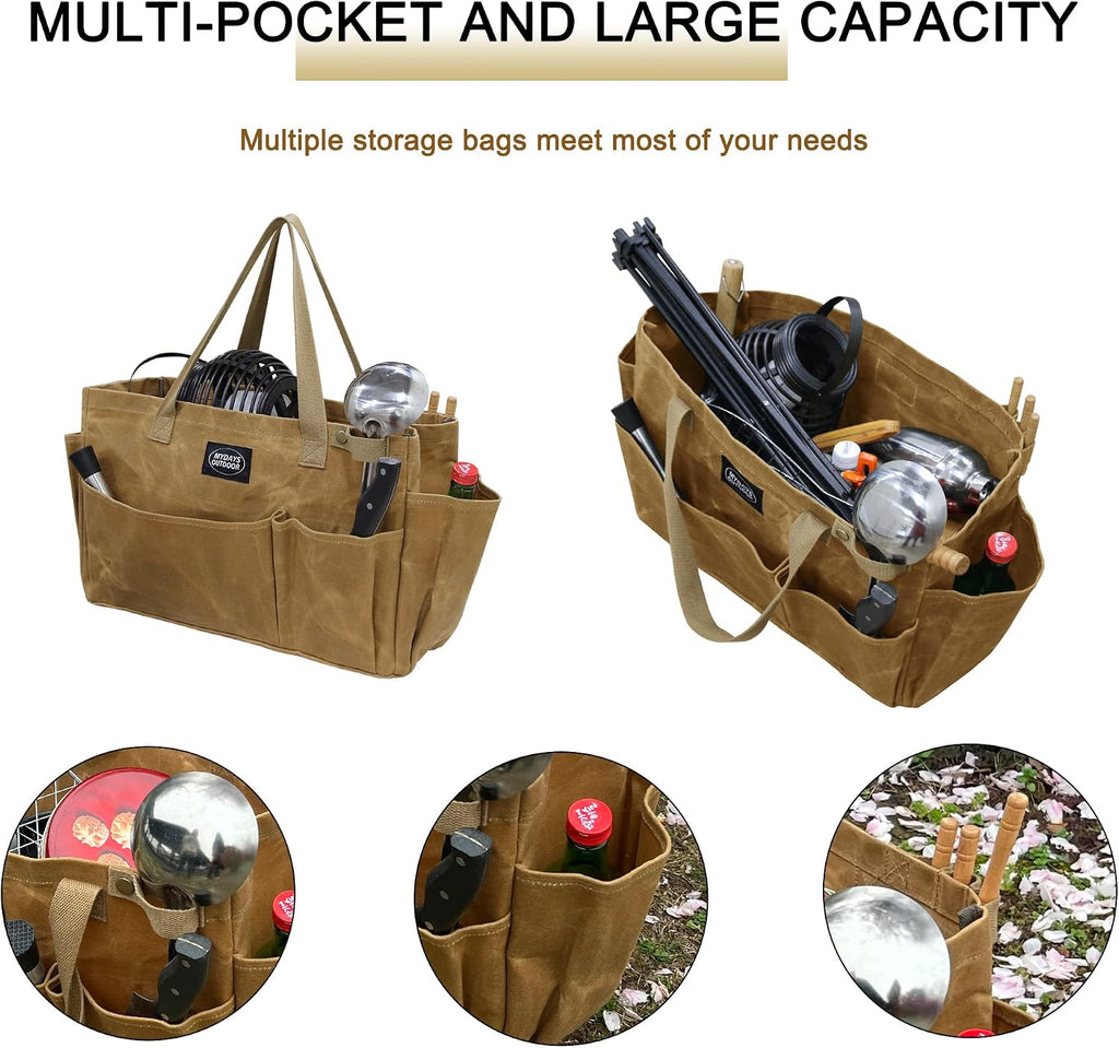 Portable Garden Camping Tool Storage Bag,Waxed Canvas Firewood Carrier Tote bag,Collapsible Sturdy Garden Basket Great