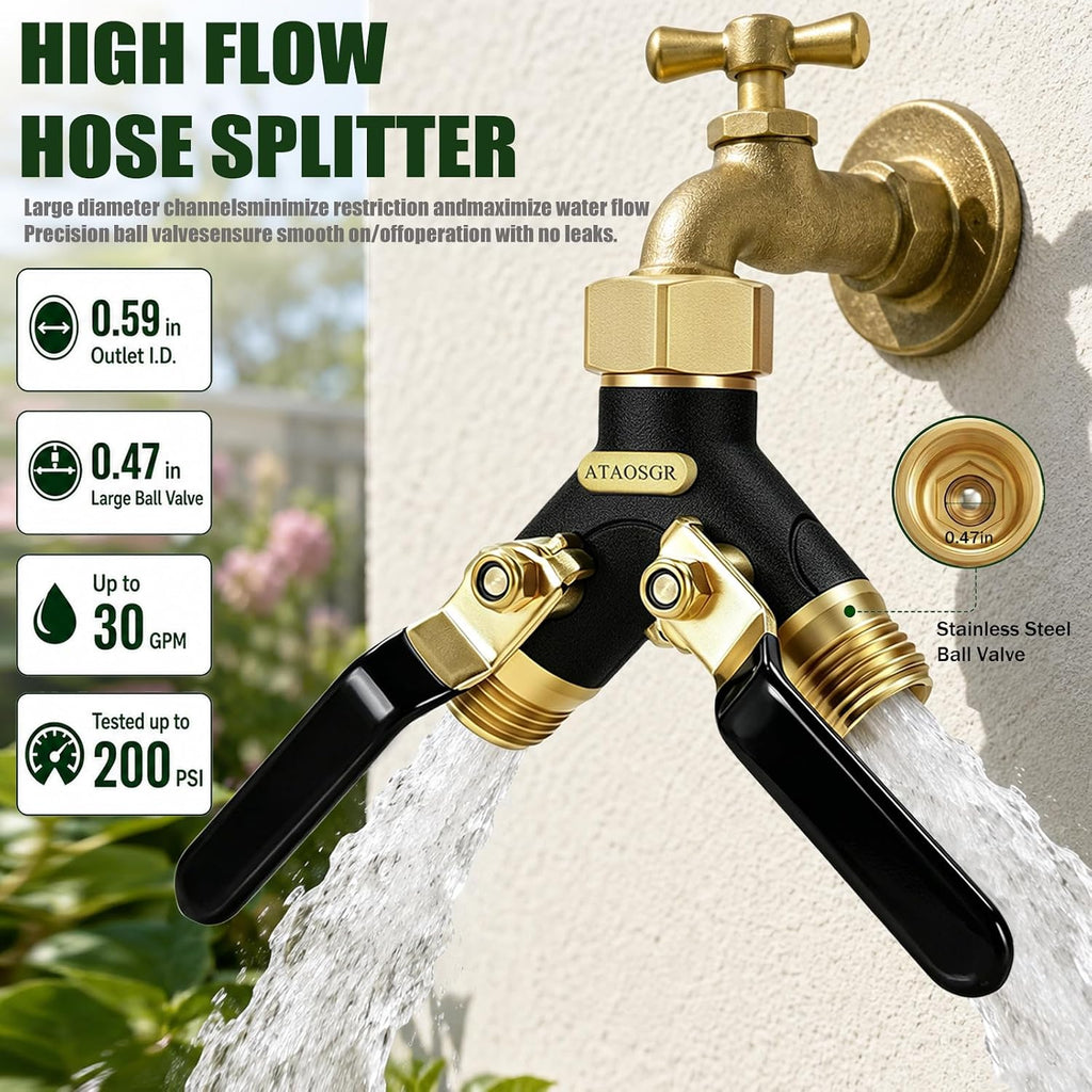 Garden Hose Splitter 2 Way, All Metal Heavy Duty Water Hose Splitter | with 360° Brass Swivel, Large Easy-Turn Handles