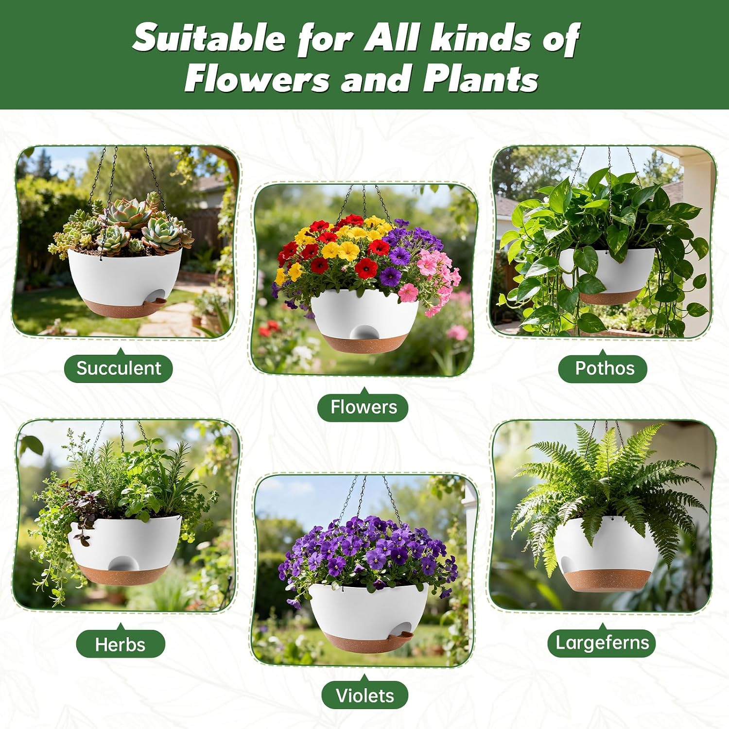 3-Piece Set of 10-Inch Hanging Planters with Automatic Watering System and Drip Tray, Includes Metal Chain, Suitable
