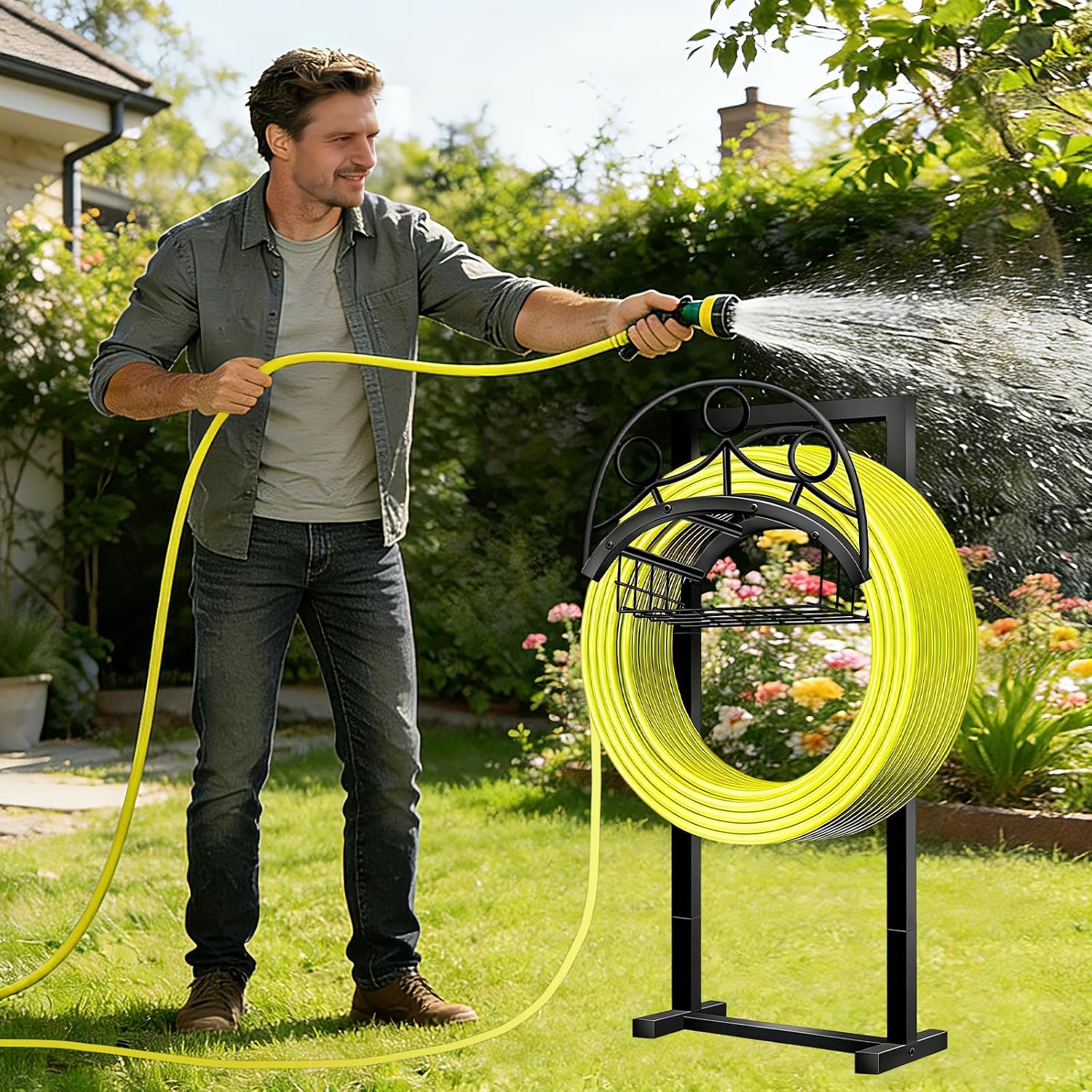 Garden Hose Holder – Detachable Water Hose Holders Stand, Holds 160-Feet Hose, Freestanding Metal Hose Storage Hanger