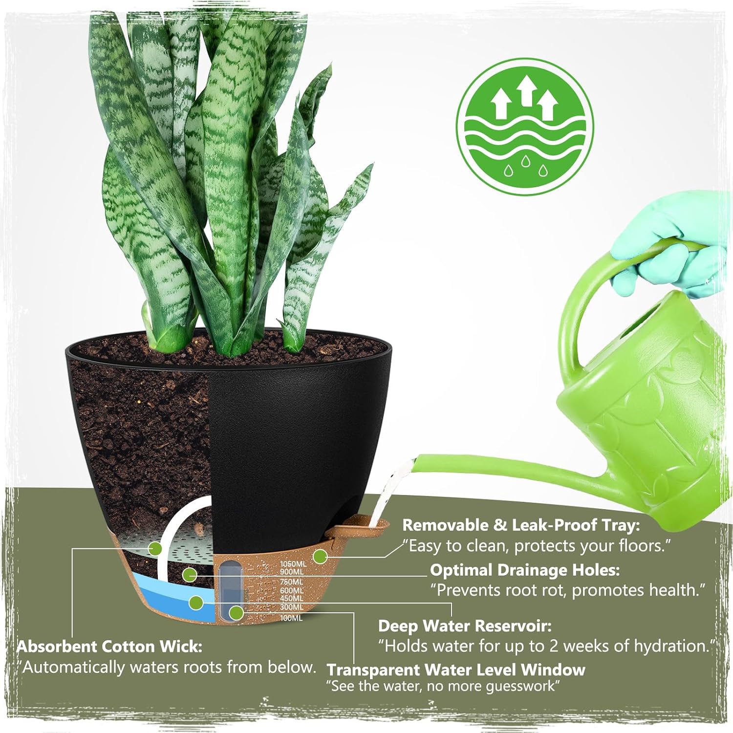 Self-Watering Pots for Indoor and Outdoor Plants 4 Pack, 6/8/10/12 Inch Planters with Water Level Indicator & Deep