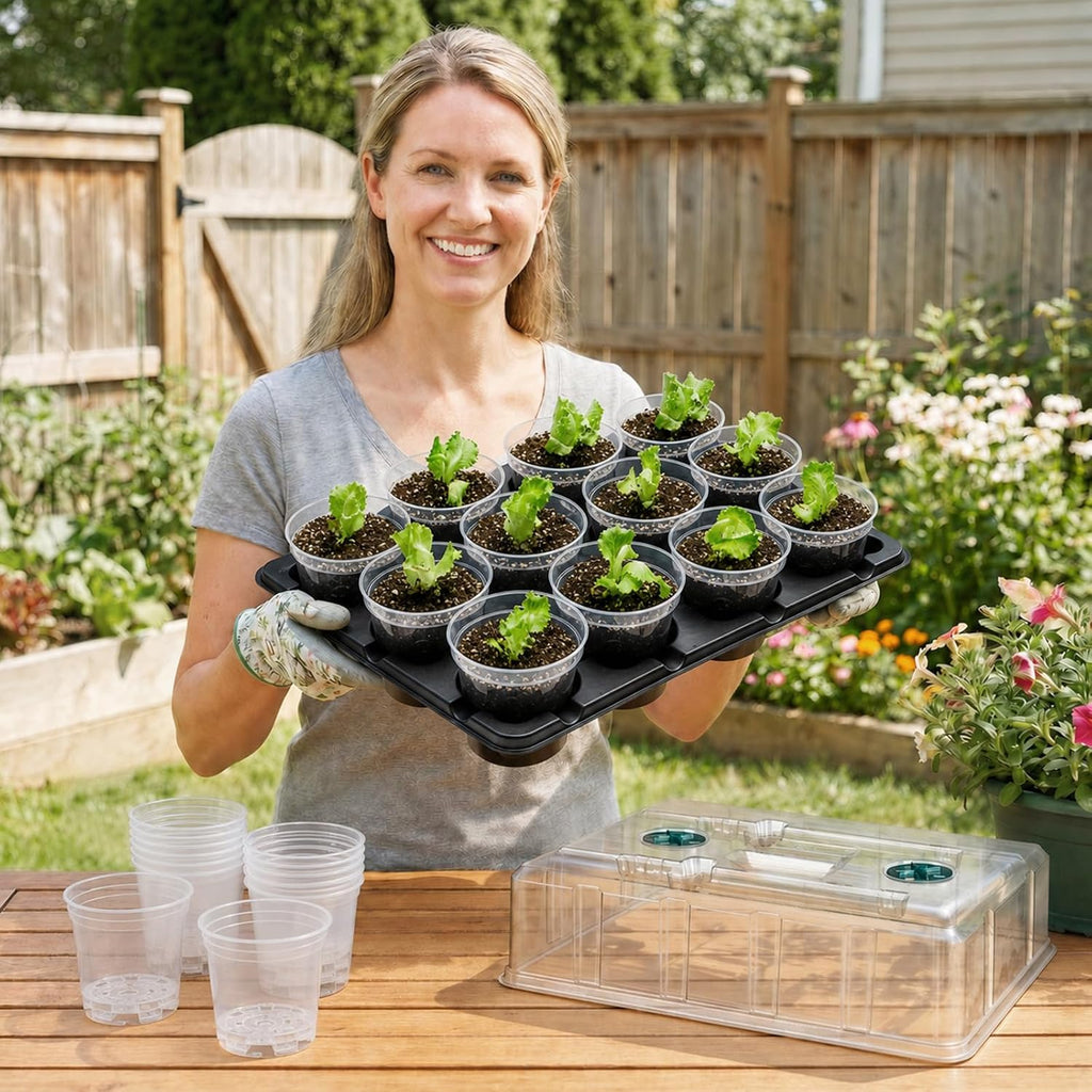4 Inch Seed Starter Trays 2 Pack, 12-Cell | With Grow Light, Humidity Dome, 24 Pcs 4" Nursery Pots, Plastic Germination