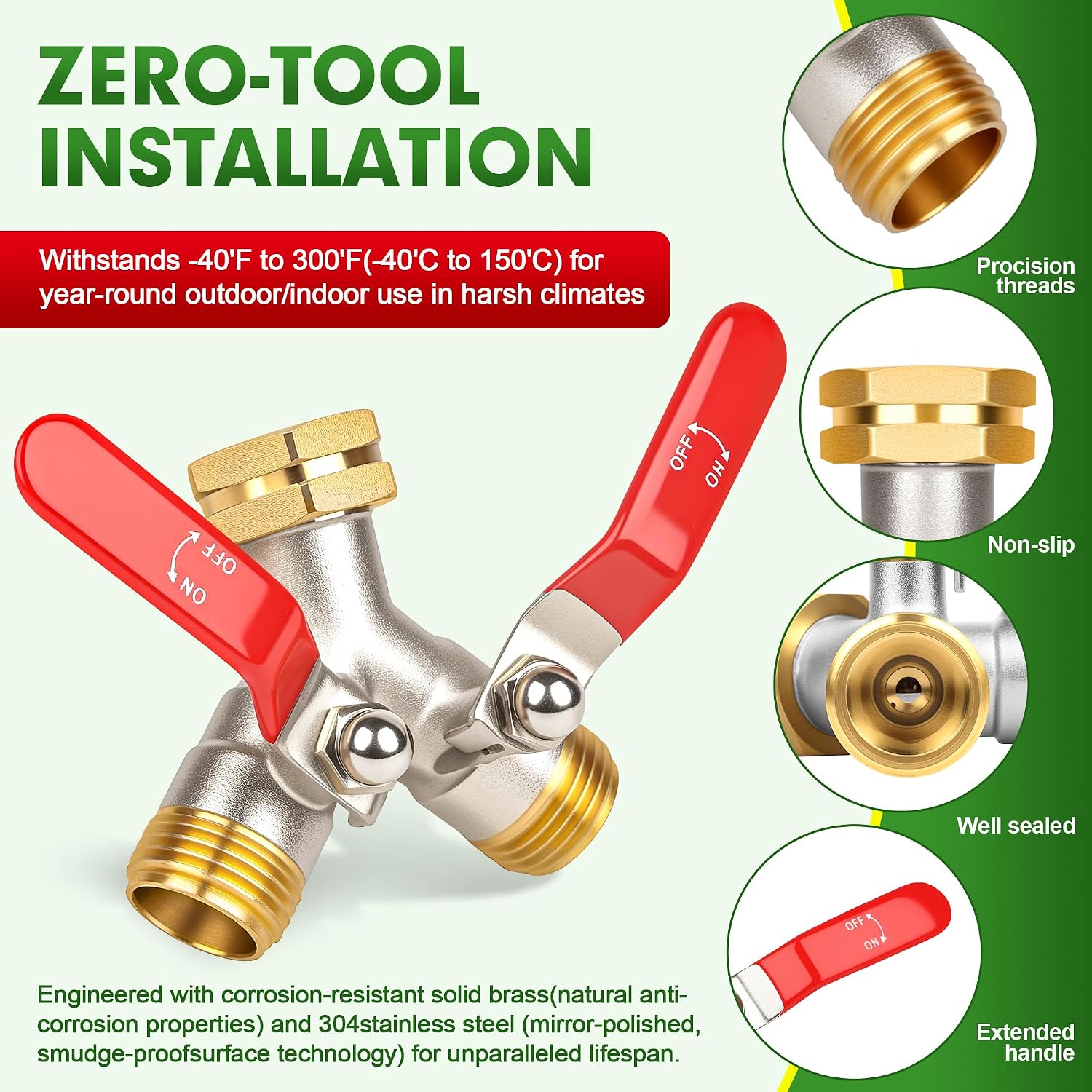 Hose Splitter 2 Way, High Flow Garden Hose Splitter, 3/4” Ght Inlet Brass Heavy Duty Hose Converter, Full Flow water 2
