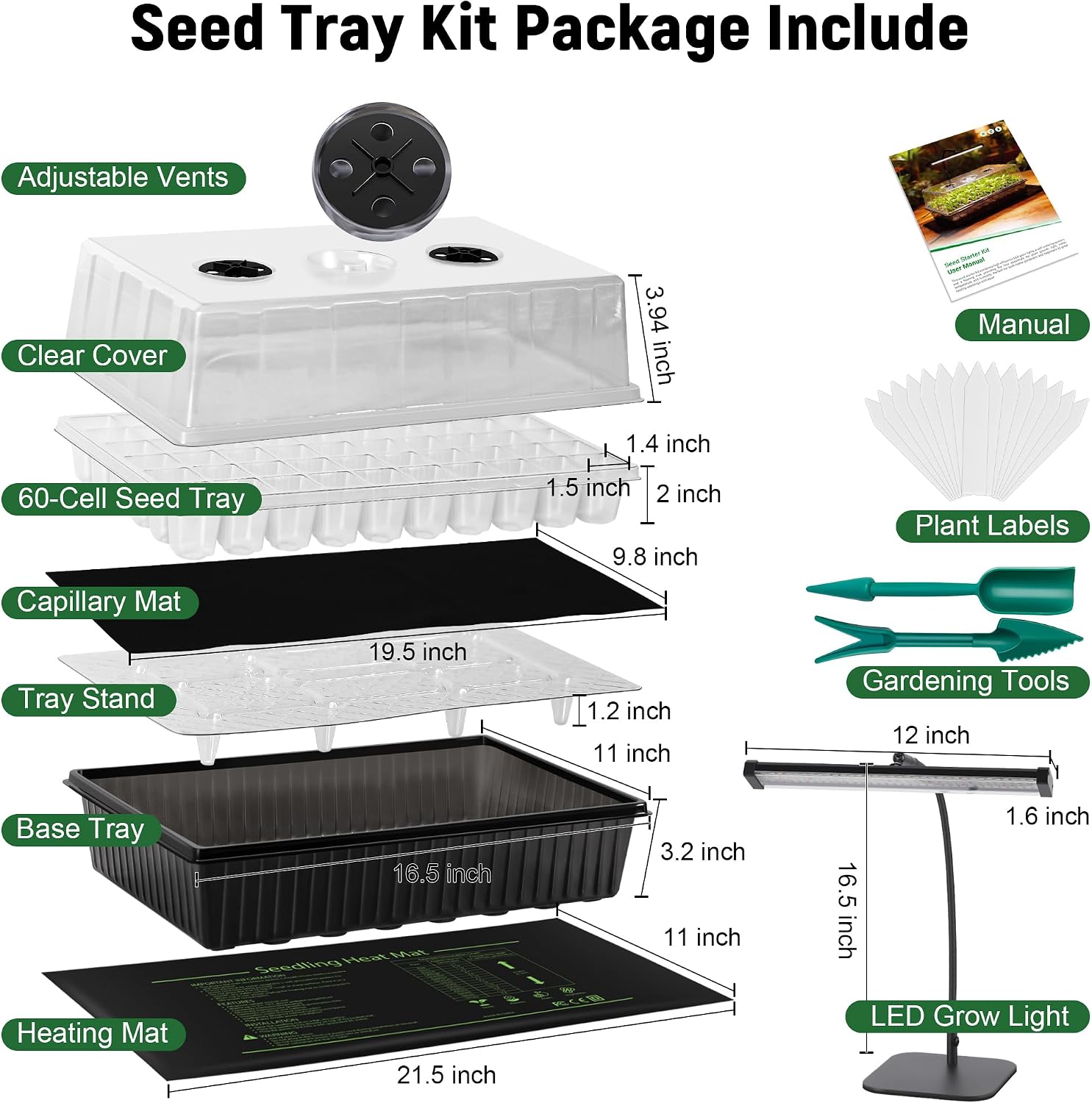 DazSpirit Seed Starter Kit, 60-Cell Tray with Grow Light and Heat Mat | Self-watering seedling tray with humidity dome