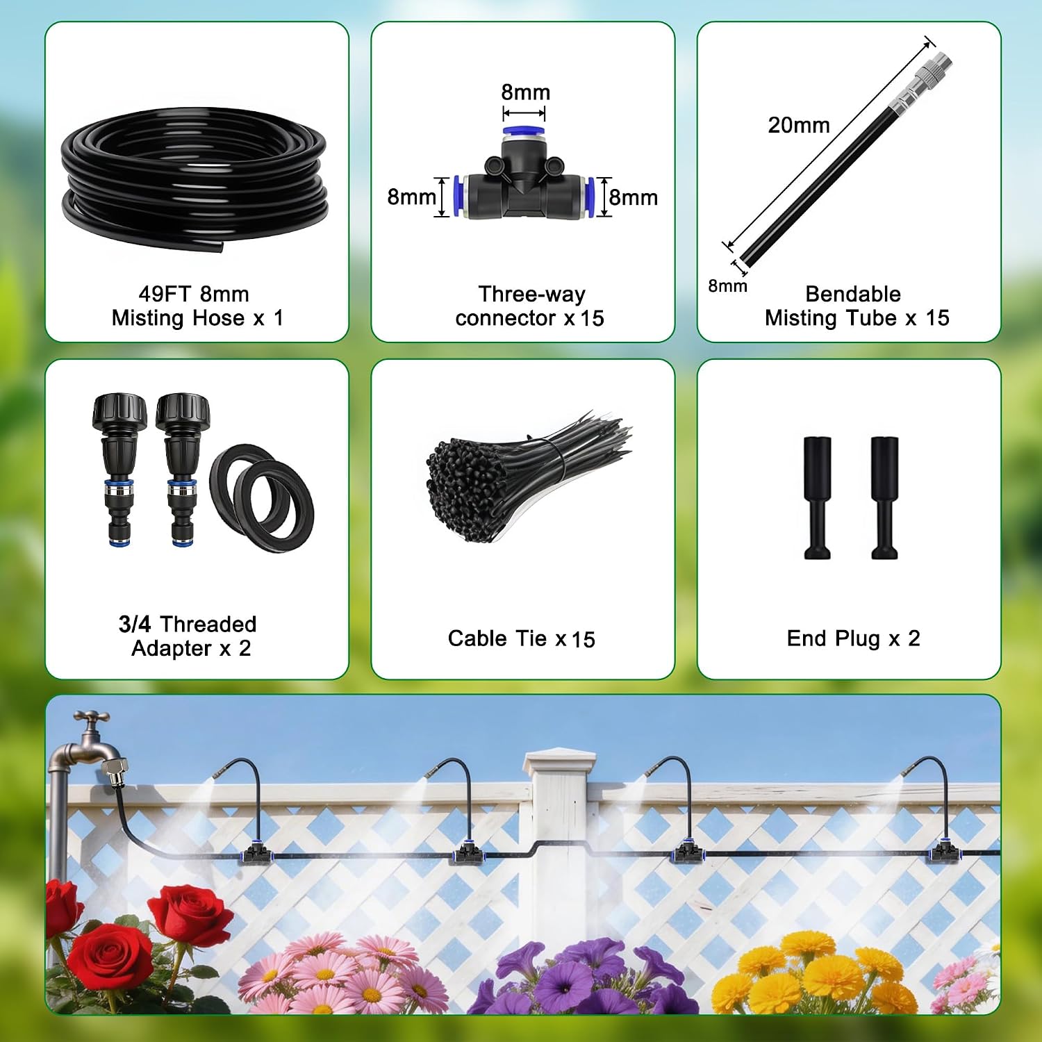 360° Adjustable Drip Irrigation System, 49FT Garden Watering System with 15 Nozzles, Water Sprinkler for Garden, Yard