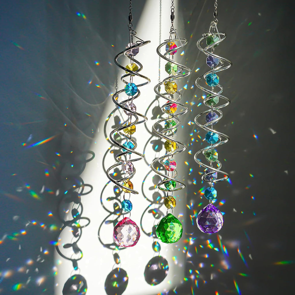 Set of 3 Crystal Suncatcher Spiral Wind Spinner Gazing Ball Decor | Crystal Suncatcher Rainbow Maker with Spiral Tail