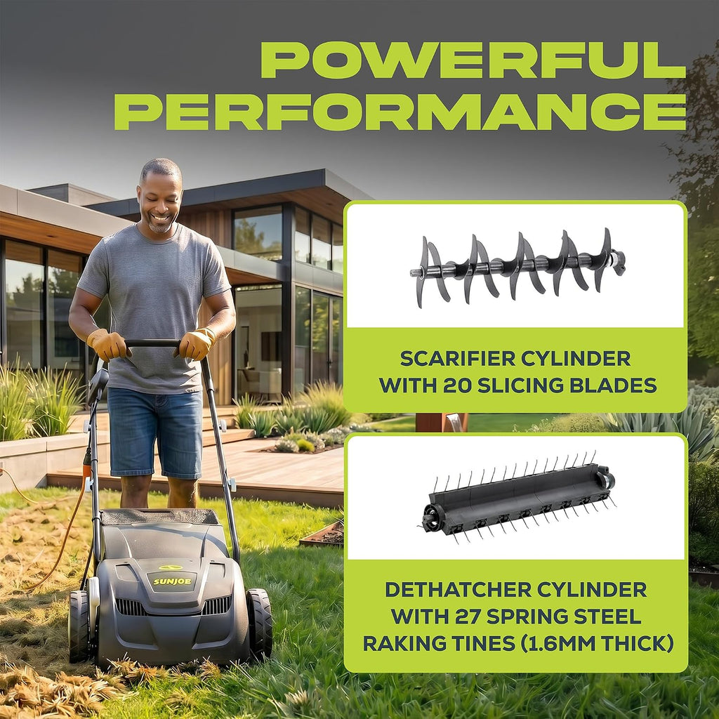 Sun Joe Electric Dethatcher & Scarifier, Corded, with 8-Gal Bag, 12.6-Inch Cutting Width, 12-Amp Motor - Heavy-Duty