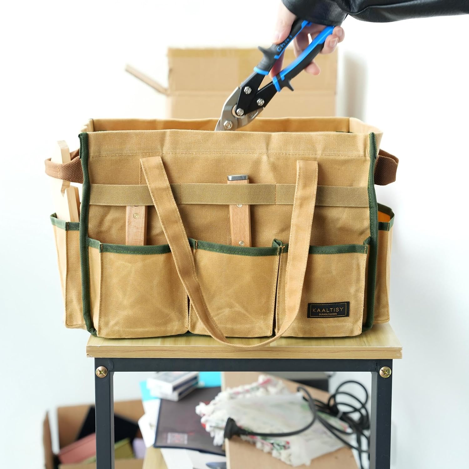 Canvas Tool Bag, 16OZ Waxed Canvas Tool Tote Bag with Metal Zipper & 12-Pocket Design, Multi-Purpose Garden Tool