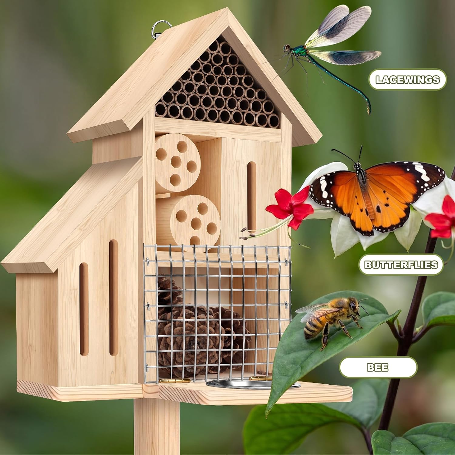 Wooden Insect Hotel Bee Ladybugs Butterfly House Large Natural Mason Bee Lady Bug Hotel with Stake and Feeder for
